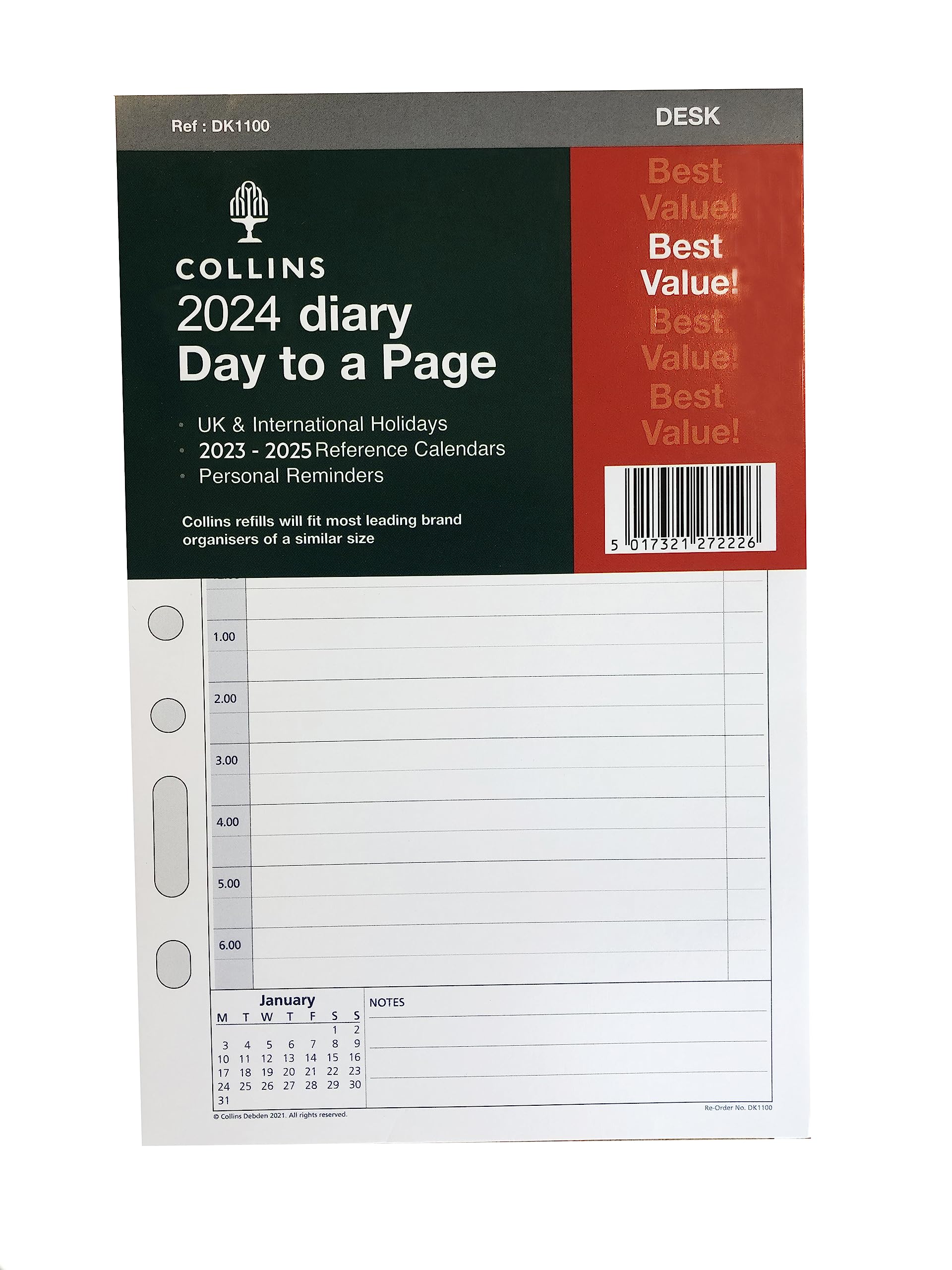 Collins 2024 Dayplanner Organiser Diary Organiser Refill Pad - Desk - Day a Page with Appointments - 2024 Daily Planner Refill