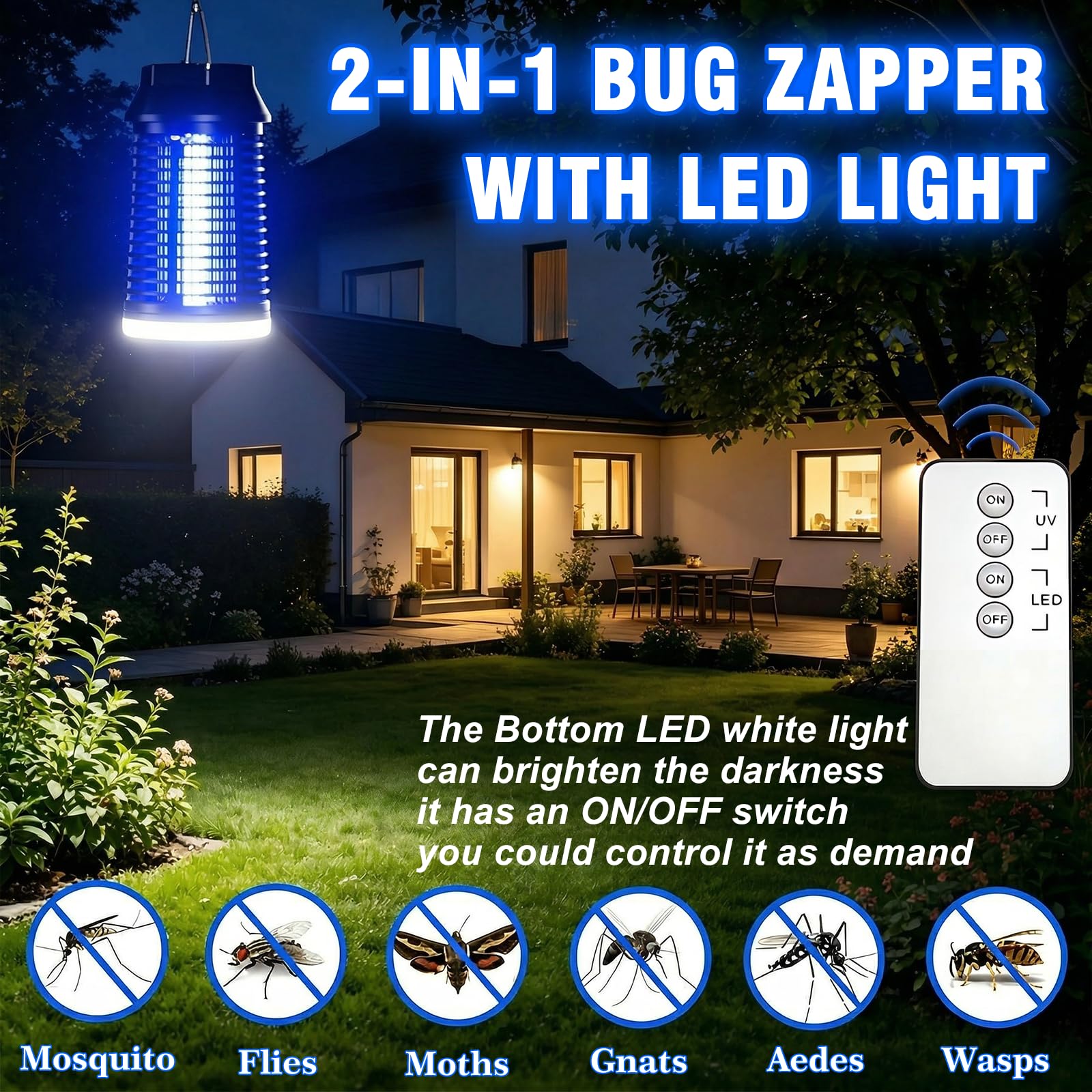 Loowoko Elektryczna pułapka na owady, z pilotem zdalnego sterowania, 4200 V, lampa na komary ze światłem LED, wodoszczelna, elektryczna pułapka na muchy, lampa przeciw komarom, do użytku wewnątrz i na