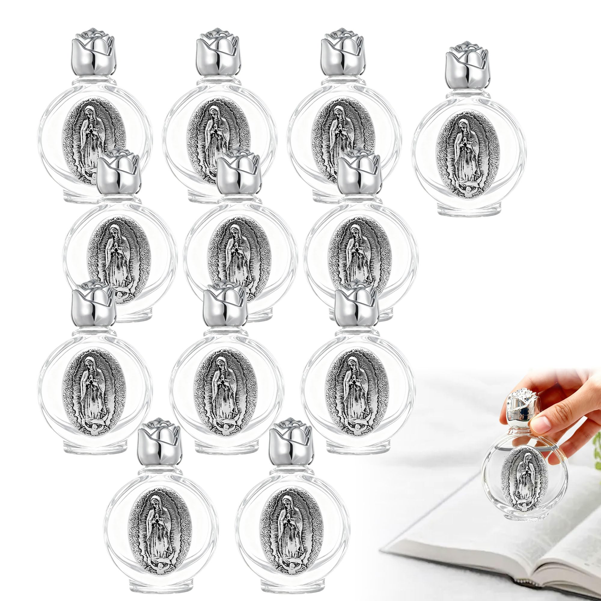 Photo 1 of 12 Pcs Catholic Holy Water Bottles 0.5 Floz Embossed Glass Holy Water Bottle with Toned Cap Toned Depiction Communion Gifts for Family Church,Portable Favors Spiritual(Silver,Our Lady of Guadalupe)