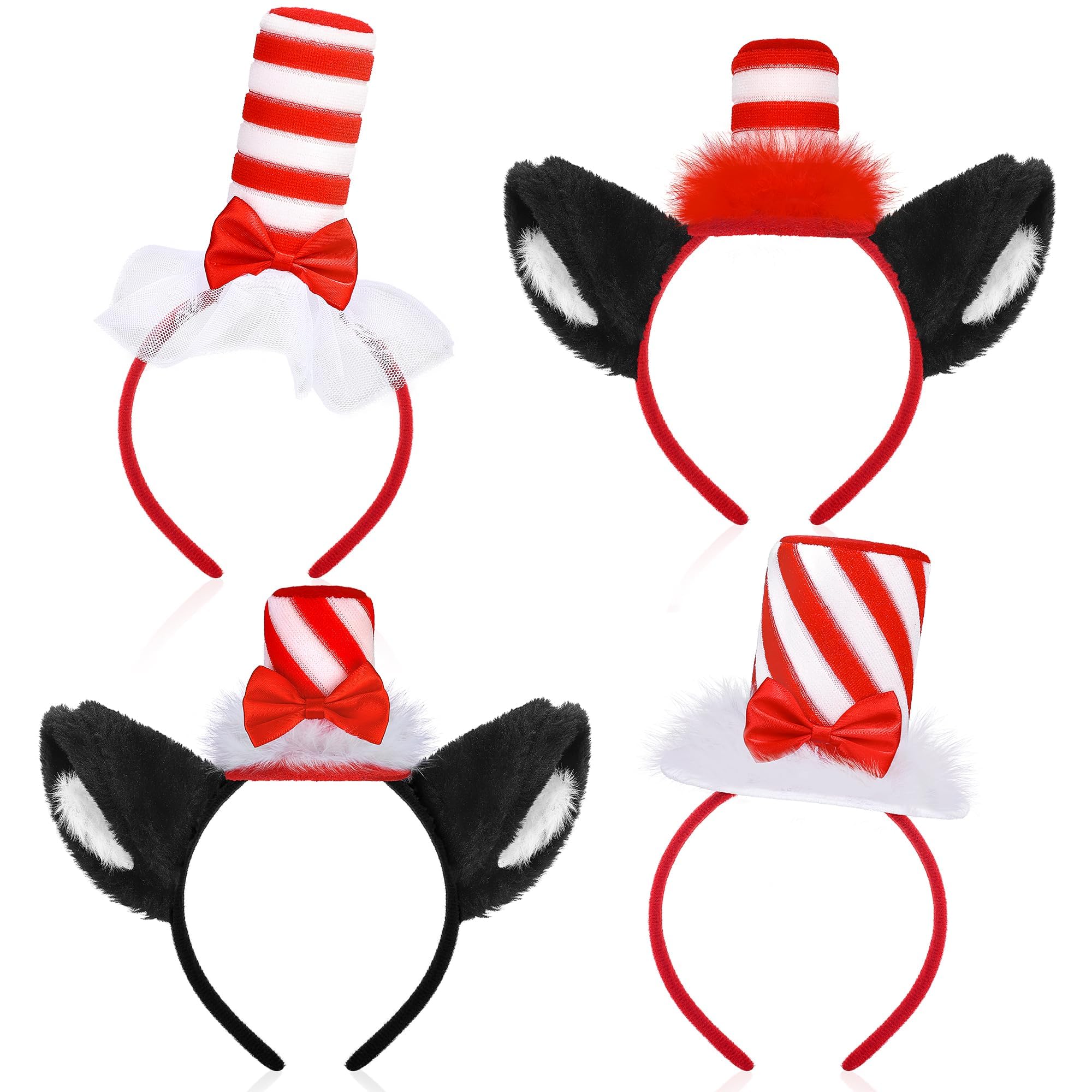 RUODON 4 Pieces Cat Ears Headband with Hat Cute Costume Ears Headband with Stovepipe Hat for Boys Girls Adults Party Favors