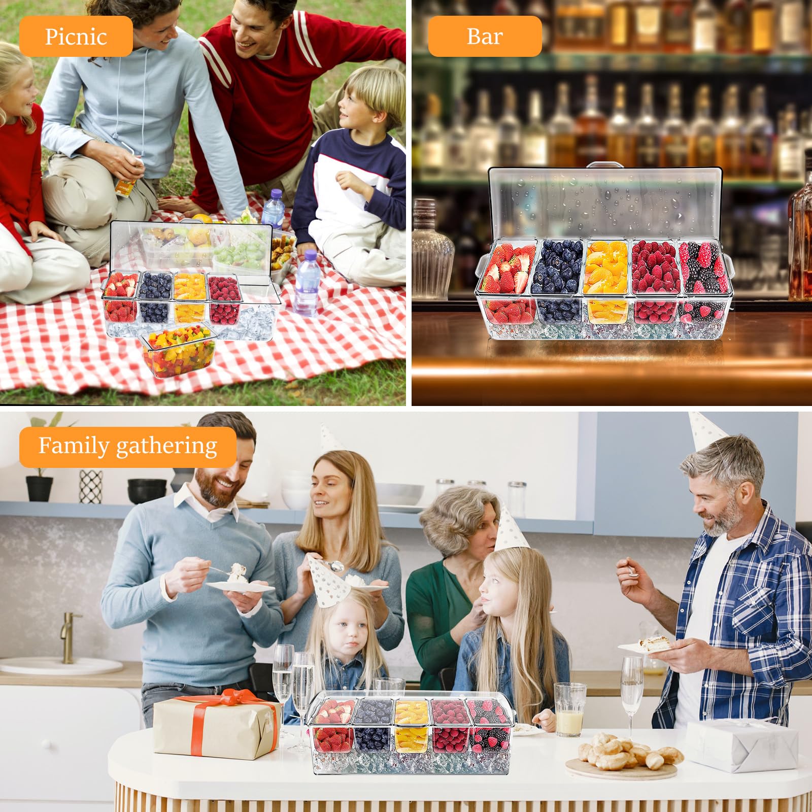 Salatbox Kunststoff,Kühlbox für Picknicks mit 5 abnehmbaren Behältern,Transparente Salatschale mit Deckel für Barzubehör,Obstsalat und Lebensmittel
