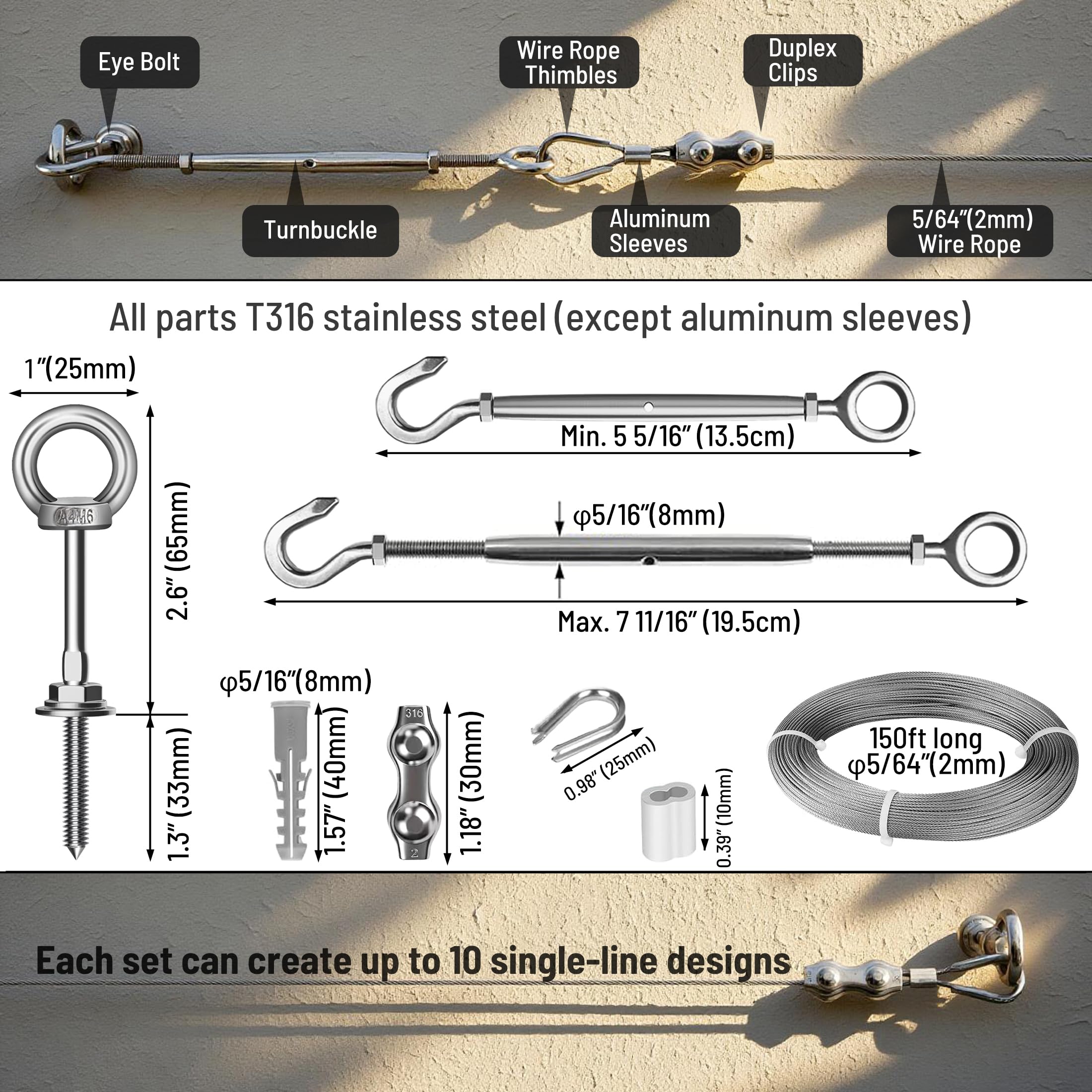 Kit di tralicci in filo metallico tensionato, cavo da 2 mm x 45,7 m, con tenditori in acciaio inox T316, per piante rampicanti all'aperto, sistema a spalliera per recinzioni e giardini
