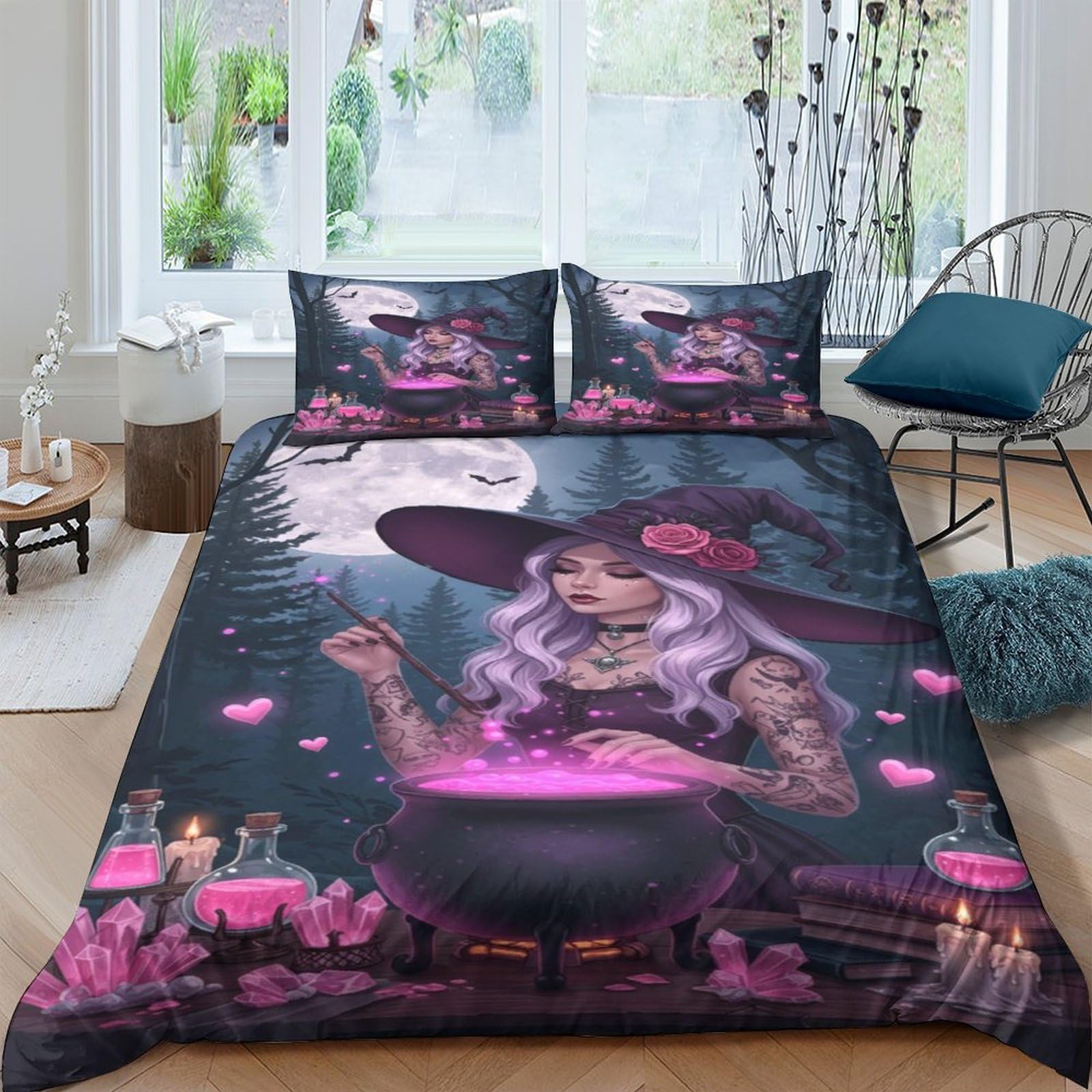 Ctjqhvkz Style-4 3D Printed Witch Cauldron Fitted Sheet Microfiber Black Pink Magical Bed Cover For Bedroom Dorm Mattress Protection Decor Single（135X200cm）