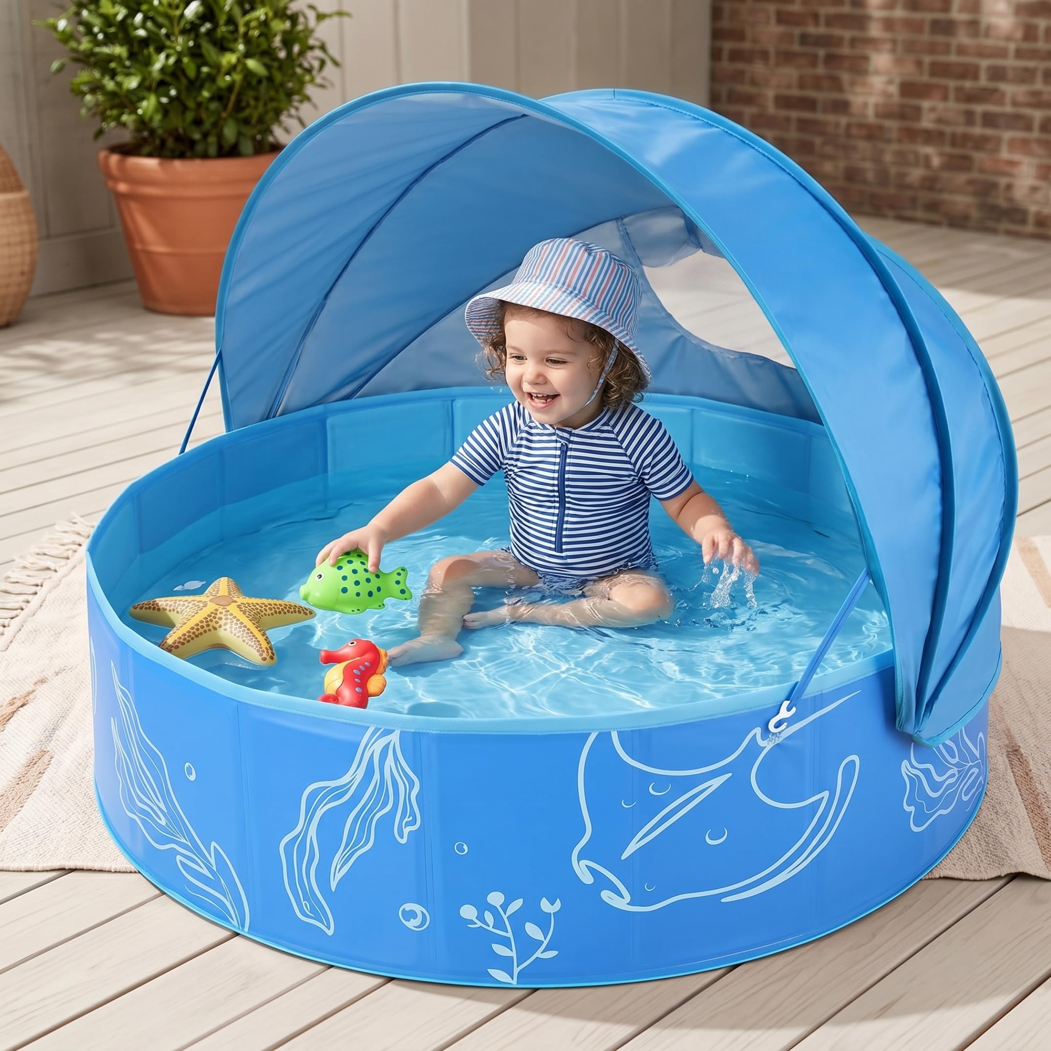 Piscina de playa para bebés, piscina infantil de PVC con toldo, playa plegable portátil para bebé, azul, 47.2 x 11.8 pulgadas