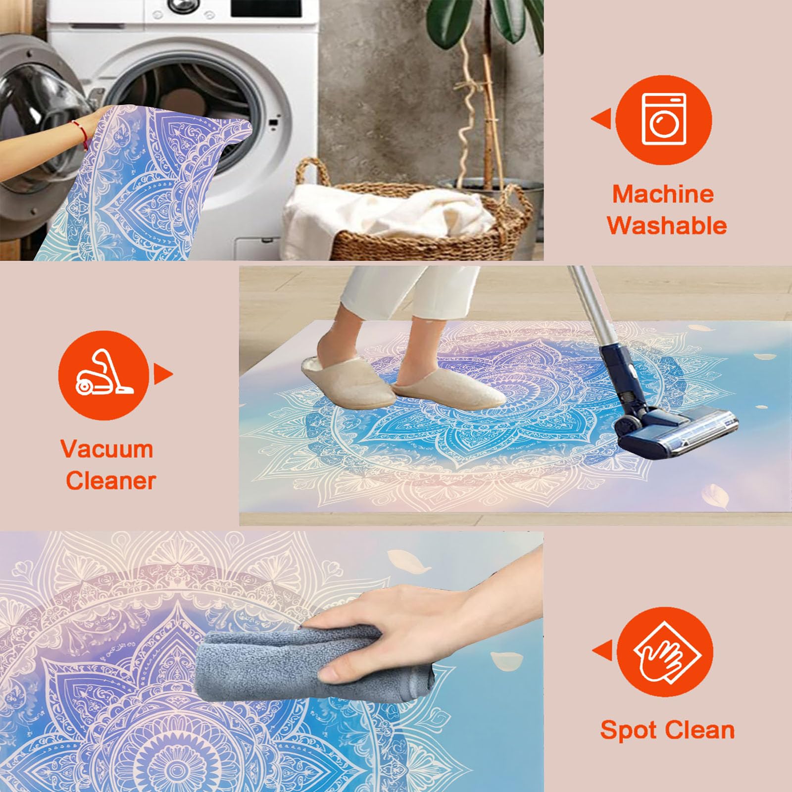 Tapis Rond Mandala Dégradé Aquarelle pour Salon, 160cm Circulaire Tapis Style Artistique Onirique Douce Lavable Et Antidérapante pour Chambre Intérieure, Bleu Clair