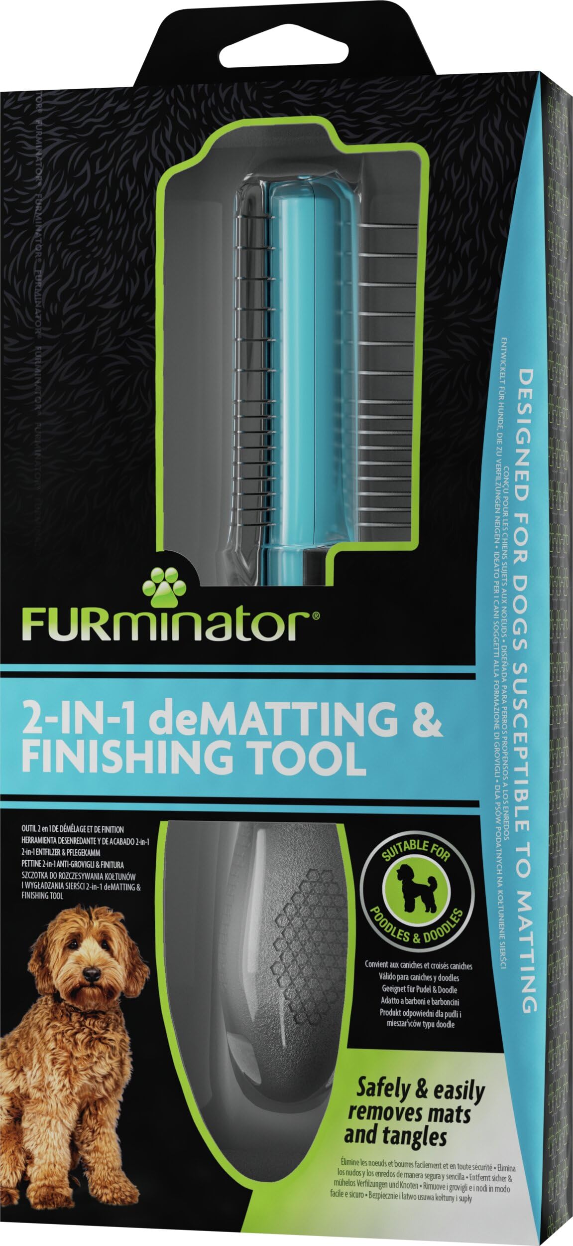 Peigne démêlant et de toilettage pour Chiens 2 en 1 FURminator – Idéal pour caniches et Doodles – Élimine en Douceur nœuds et bourres – Outil de toilettage pour Un brossage sans Stress