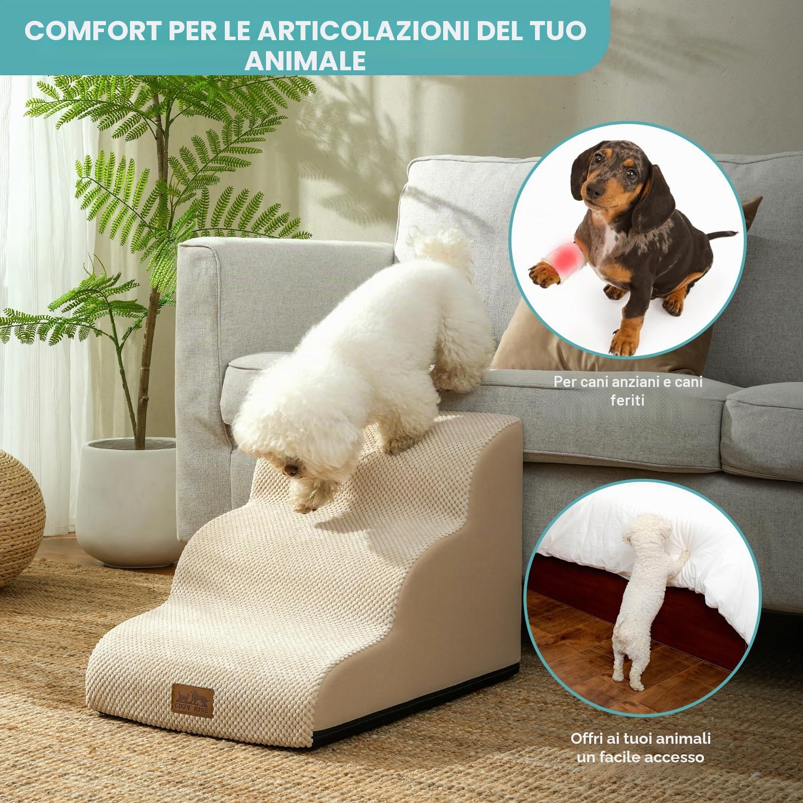 COZY KISS Scale per Cani di Piccola, Scale per Animali per Letto, Divano e Sedia, Rampa per Gatti con Rivestimento Lavabile e Fondo Antiscivolo, Leggera, 40x57x40cm, 3 Gradini, Beige