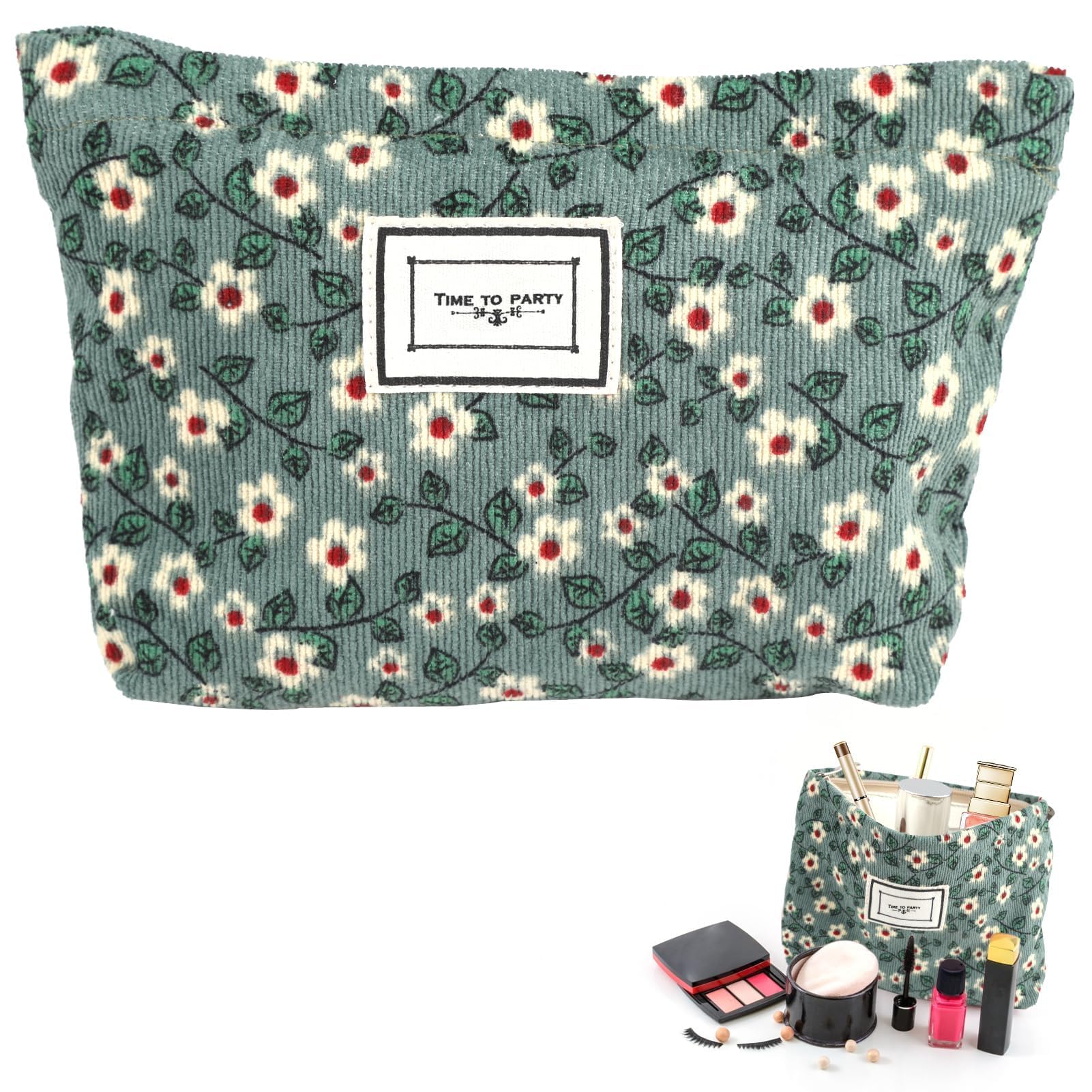 Nazaz Neceser de Pana para Mujer, Estuche Maquillaje Pequeño,Bolsa Maquillaje con Cremallera Y Diseño Floral,Organizador de Cosméticos para Viaje Hogar Vacaciones,13,5 * 18,3cm-Regalo Ideal(Verde)