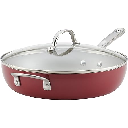 Ayesha Curry Home Collection Porcelain Enamel Nonstick Covered Deep Skillet With Helper Handle, 12 Inch Frying Pan with Glass Lid, Sienna Red
