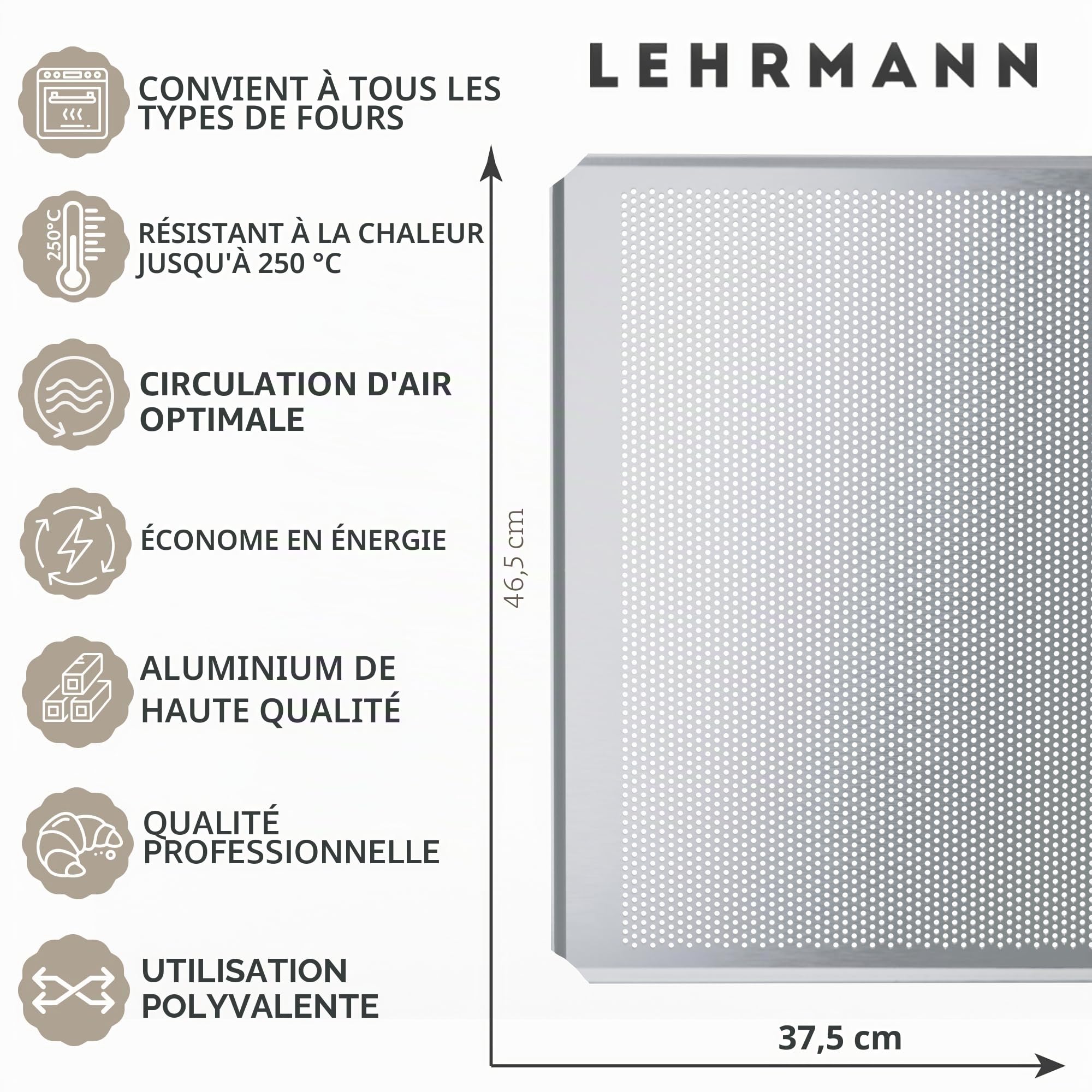 LEHRMANN Plaque perforée 46,5 x 37,5 cm Plaque pour Pizza Comparable/remplaçable Four Bosch, Neff, Siemens