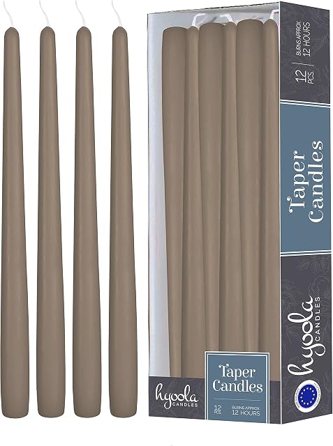 Hyoola Taupe Grey Taper Candles - 350 mm (14 Inch) Unscented Dripless Taper Candles - 12 Hour Burn Time - 12 Pack