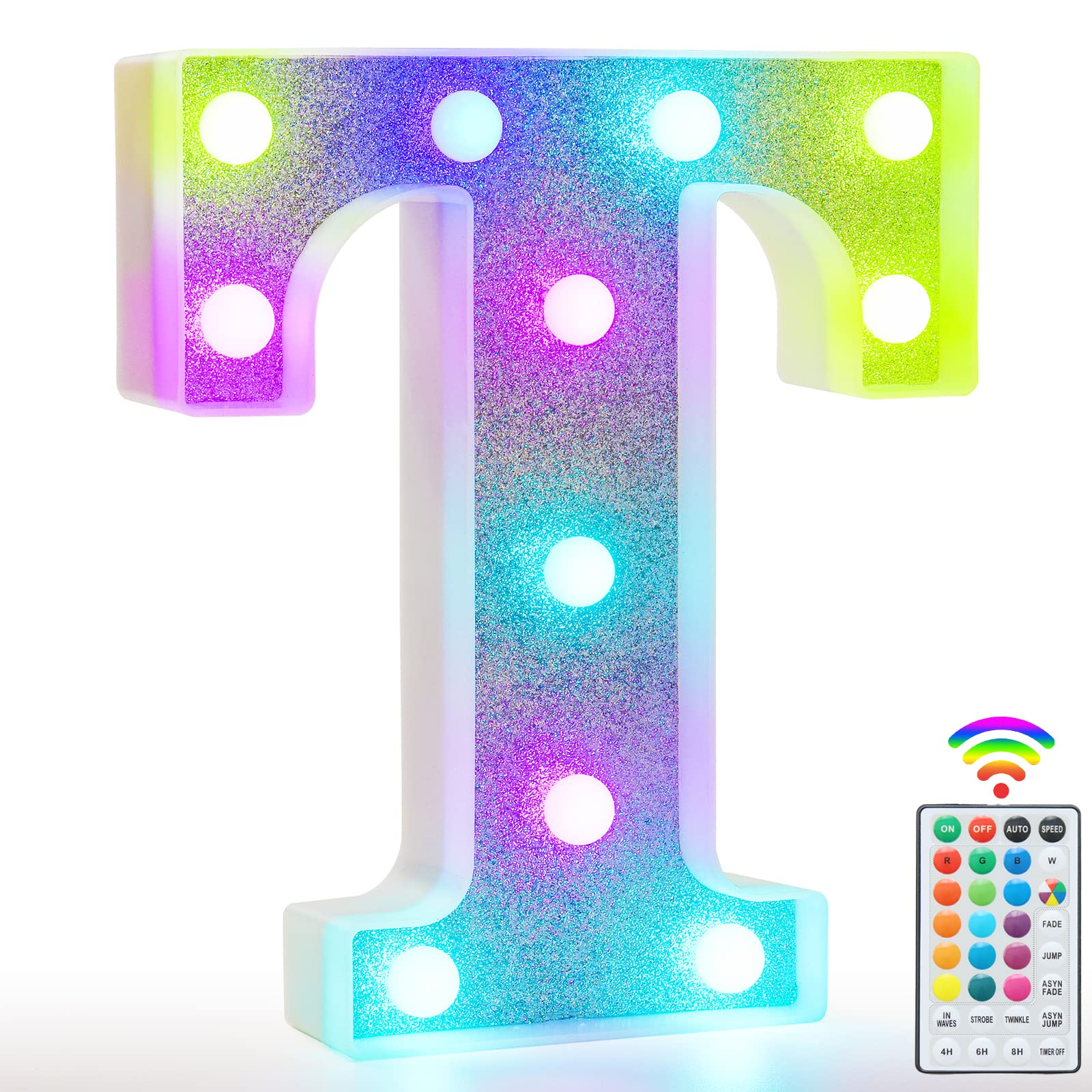 Colorful Light Up  Letters , Glitter  LED  Letter  Lights  18 Color Changing Shiny  Alphabet  Sign Gifts for Girls Women Party Birthday Decorations Remote Night Light Christmas Valentine Wall Table Decor - T