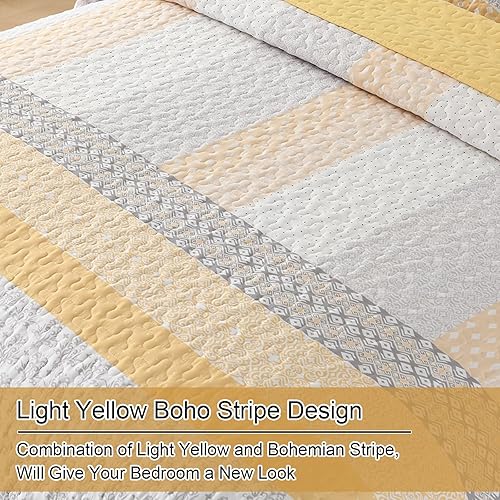Miniatura 5 de WONGS BEDDING Juego de edredón amarillo tamaño Queen, juego de edredón de rayas bohemias de 3 piezas, juego de edredón acolchado bohemio de
