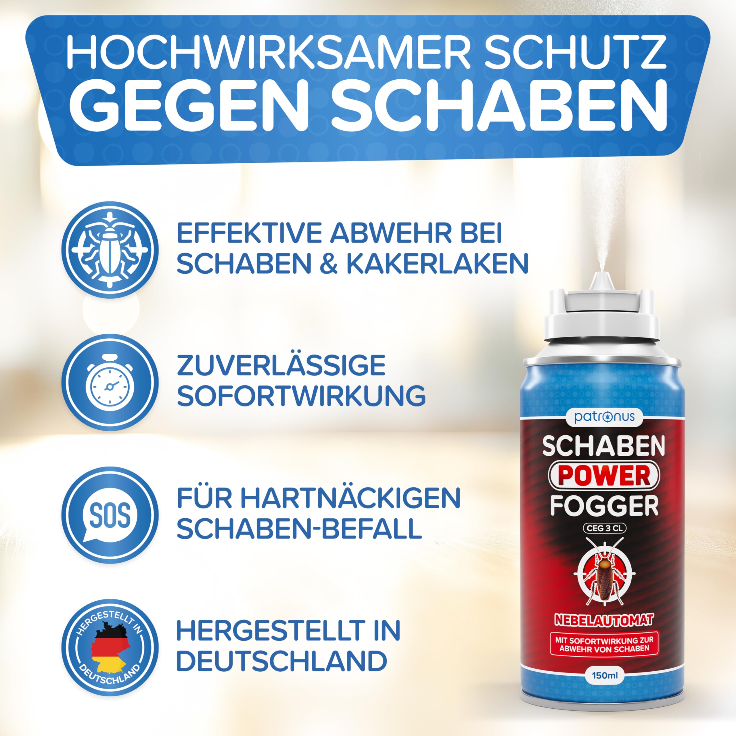 Patronus Schaben Power Fogger mit maximaler Sofortwirkung [2x 150 ml] | effektiver Vernebler zur Abwehr von Schaben & Kakerlaken, ideal für kleine Schaben-Verstecke - aus deutscher Produktion