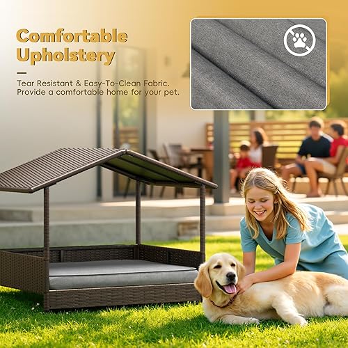 Miniatura 2 de Greesum Casa de mimbre para perros pequeñosmedianos, cama elevada para perros al aire libre e interior con cojín, para terraza, patio, piscina, casa
