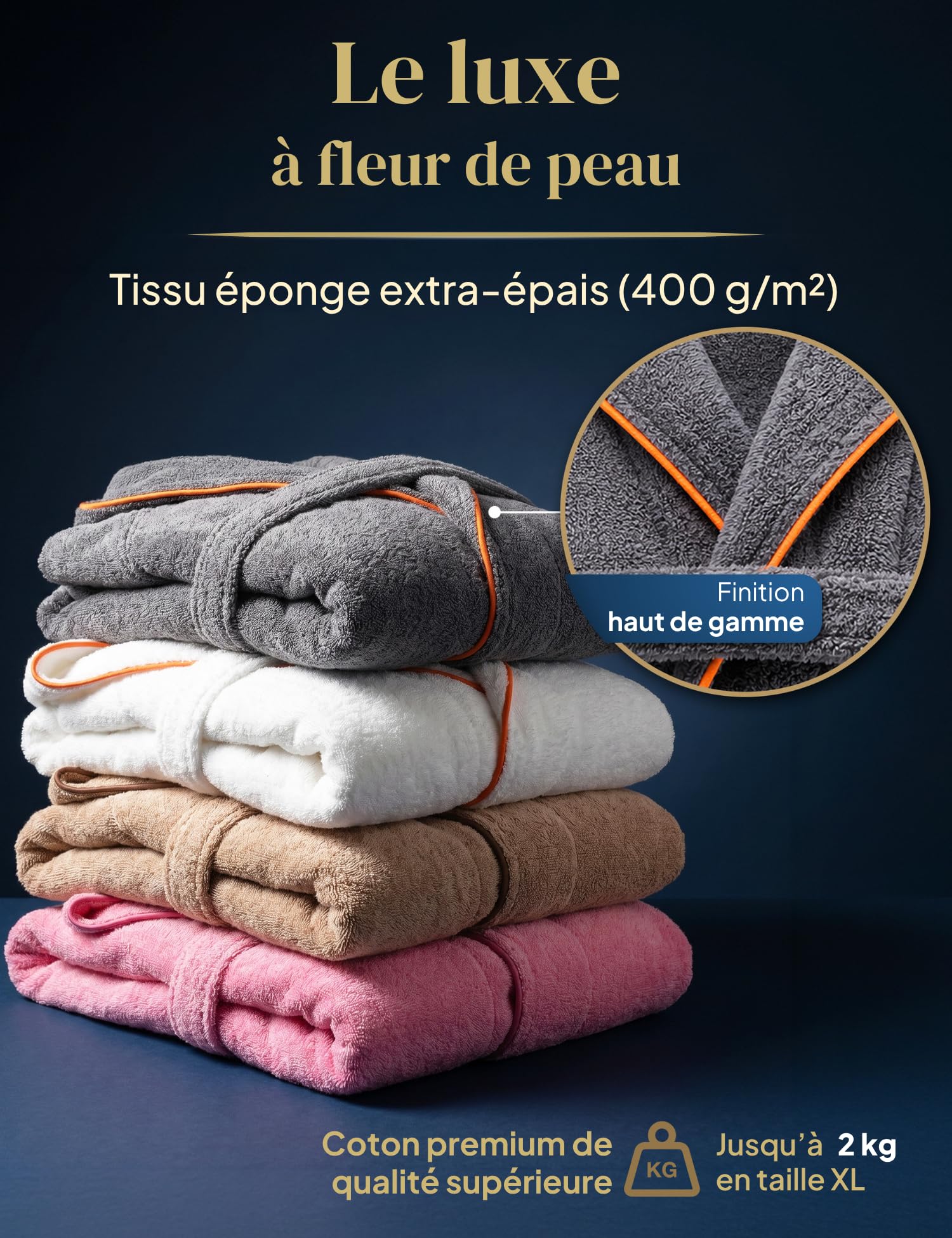 Peignoir de Bain Femme en Coton douillet 400 g/m2 avec Capuche - robe de chambre femme extra doux et confortable - taille XS/S/M/L/XL - peignoir de bain sauna en éponge certifié OEKO-TEX