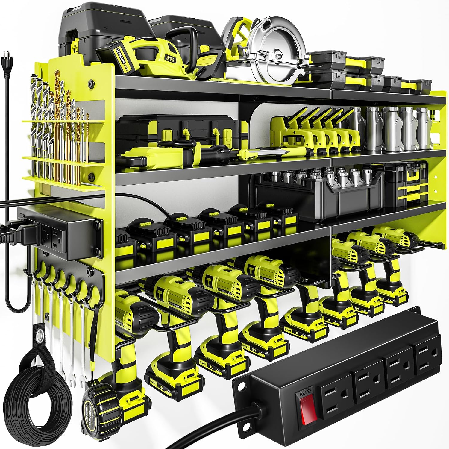 POKIPO Upgrade Power Tool Organizer Wall Mount with Charging Station,4 Layer Heavy Duty Metal Storage Rack Loads 600lbs with 8 Cordless Drill Holder,4 Outlet Power Strip Battery Utility Rack for Man