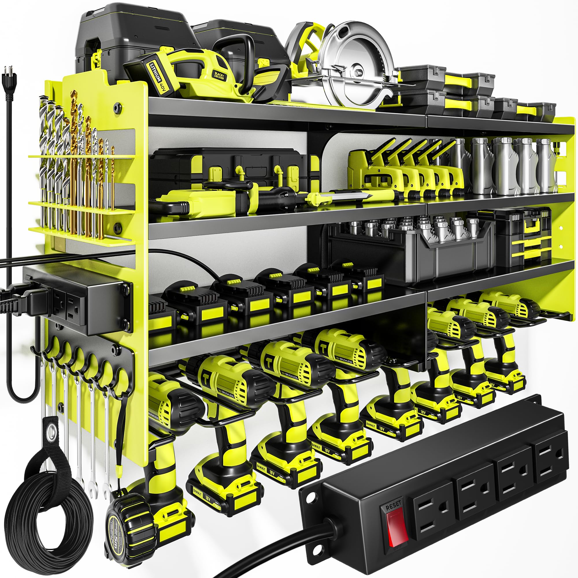 POKIPO Upgrade Power Tool Organizer Wall Mount with Charging Station,4 Layer Heavy Duty Metal Storage Rack Loads 600lbs with 8 Cordless Drill Holder,4 Outlet Power Strip Battery Utility Rack for Man