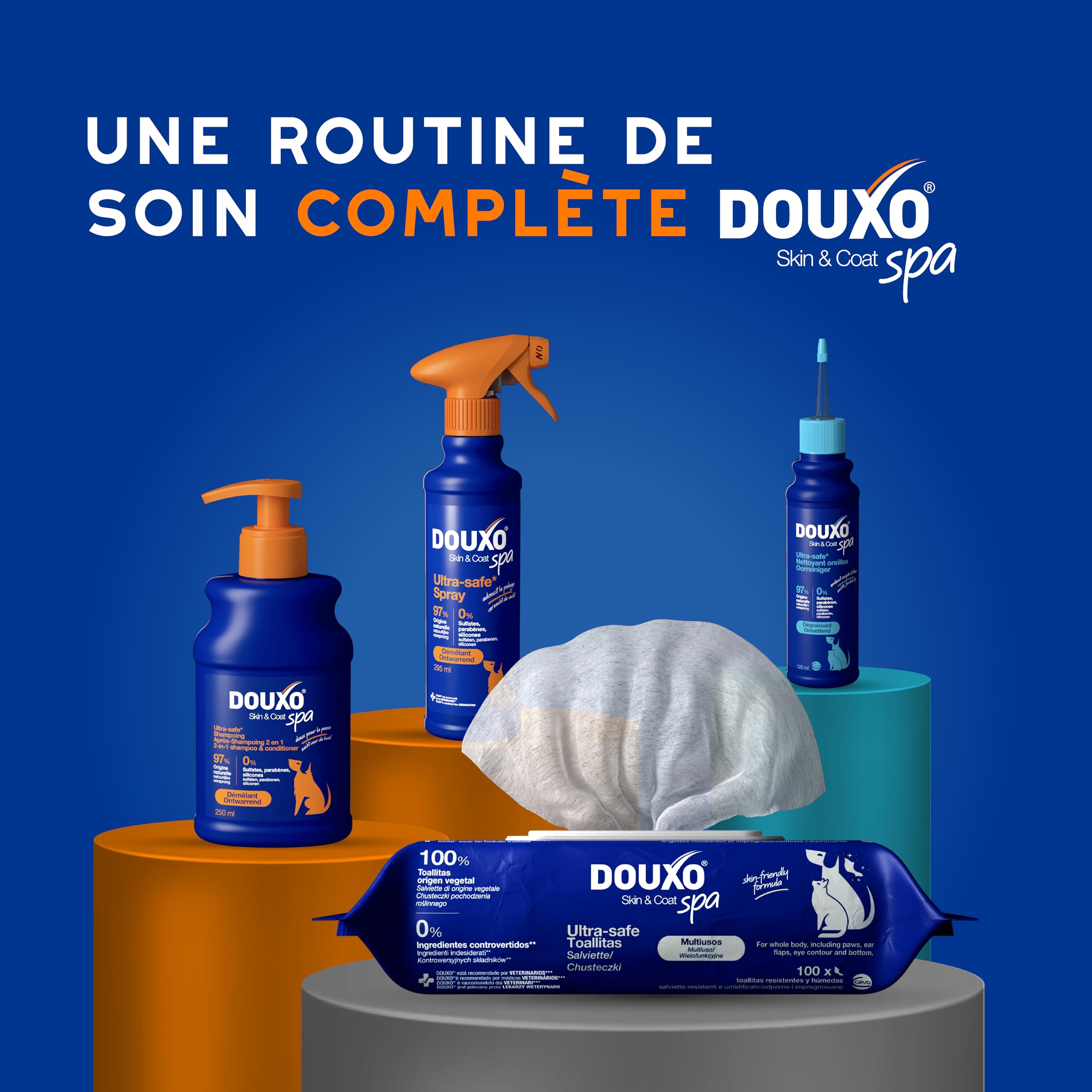 DOUXO Skin & Coat Spa - Ultra-Safe Shampoing 2 en 1 démêlant pour Chiens, 250 ML, nettoie et Hydrate en Profondeur la Peau et Le Poil, Laisse Le Pelage Doux, Soyeux et démêlé, respecte la Peau.