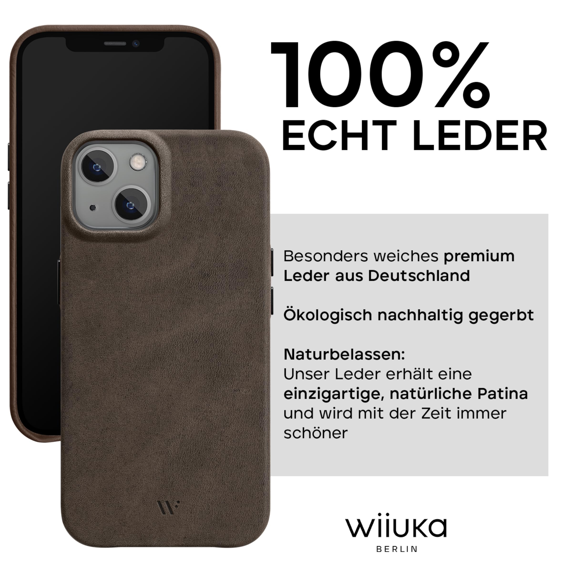 WIIUKA Funda para iPhone 15, piel de Alemania, funda de piel extrafina, funda premium para teléfono móvil, funda Qi, marrón vintage
