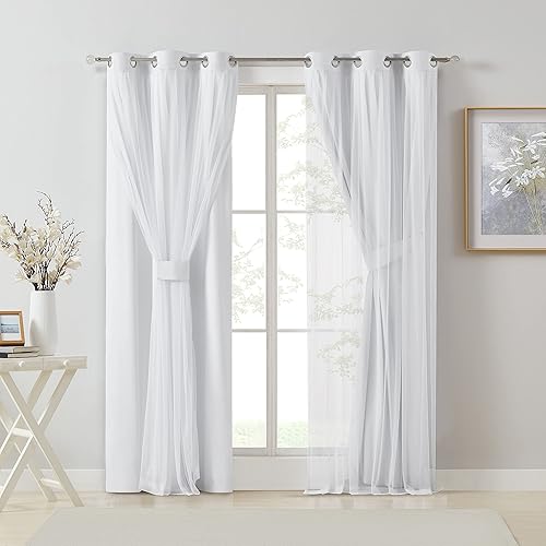 Miniatura 6 de Paneles de cortinas opacas de doble capa con aislamiento térmico para sala de estar, cortinas blancas con alzapaños superiores, 37 pulgadas de ancho