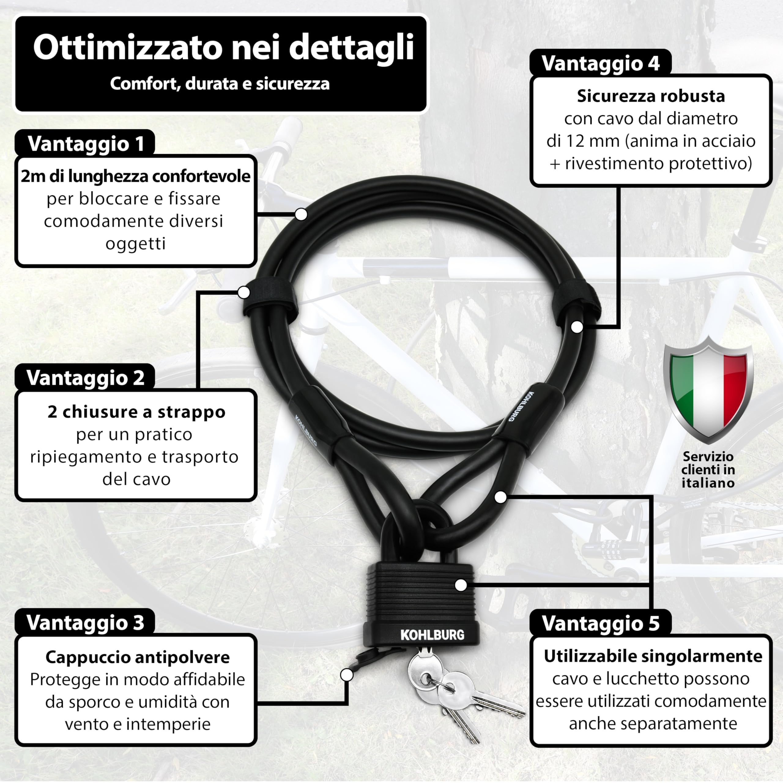 KOHLBURG antifurto bici a cavo acciaio da 2m – lucchetto bici con chiusura a chiave a scatto cavo da 200 cm – per catenaccio bici elettrica, per rimorchio, bicicletta, monopattino e passeggino