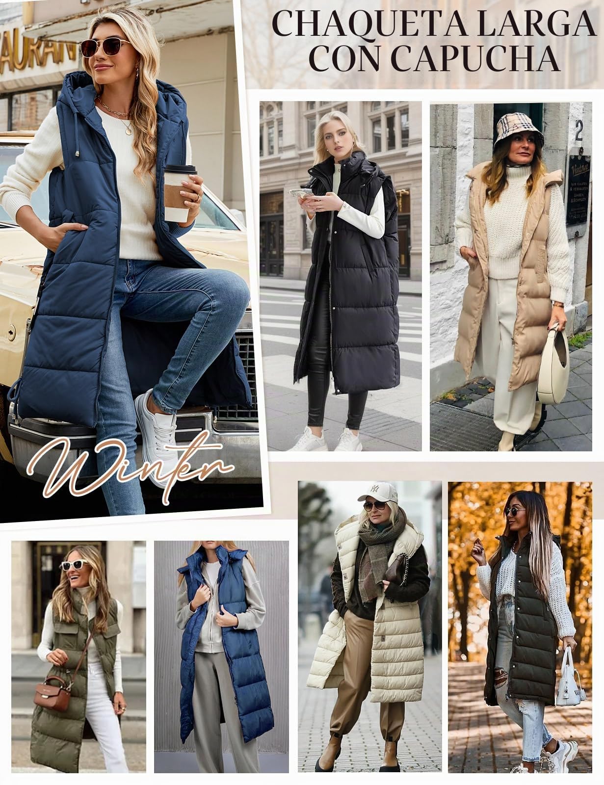 Vancavoo Chaleco Acolchado Mujer Invierno Largo Chaqueta sin Mangas Chaleco de Plumas Chaquetas con Capucha Abrigo de Cálidos on Bolsillos