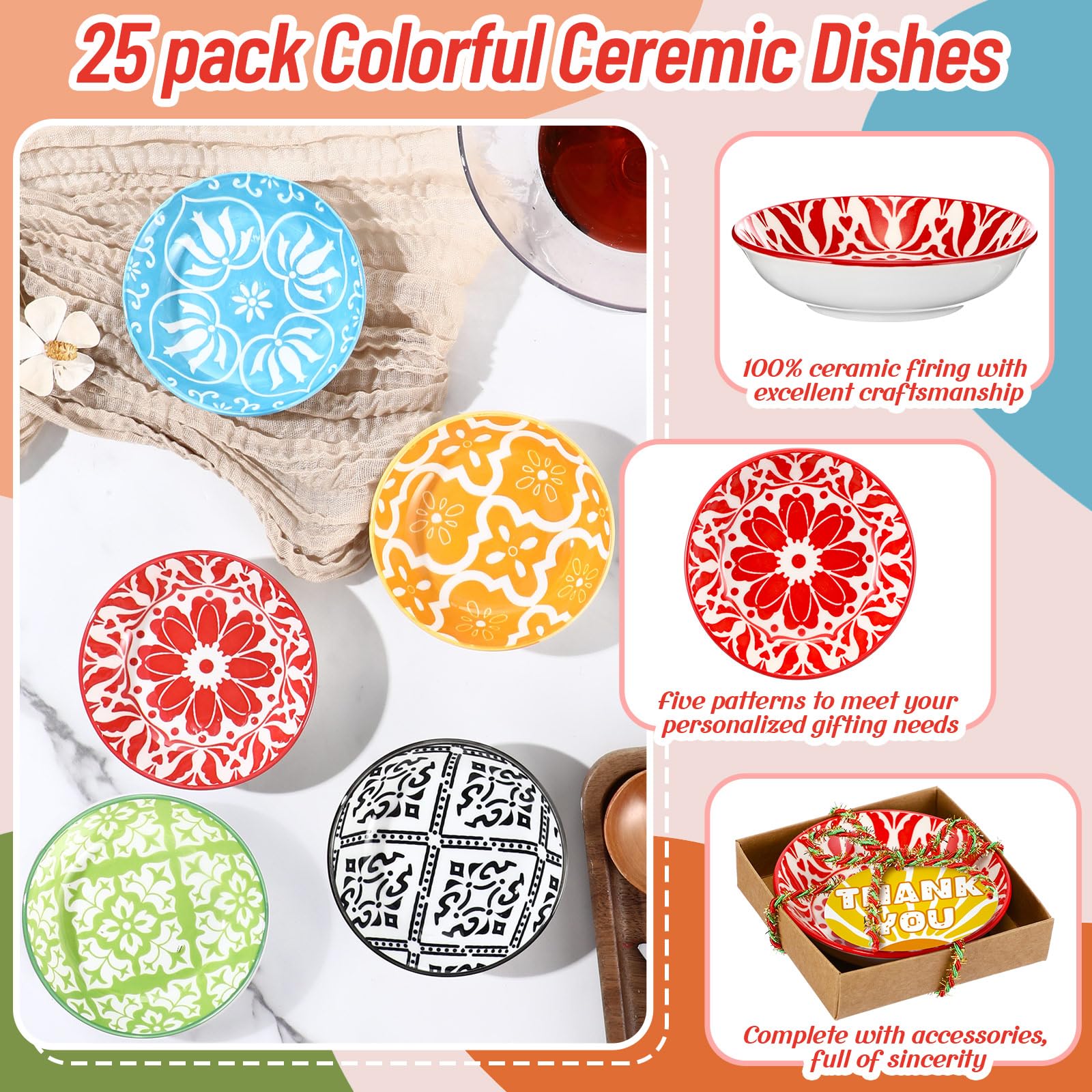 Teenyyou 25 Set Wedding Thank You Gifts Bohemian Ceramic Dipping Bowls 3.8 Inches Dishes Dipping Sauce Dish 3oz Small Appetizer Dessert Pinch Bowls for Employee Appreciation Return Gift