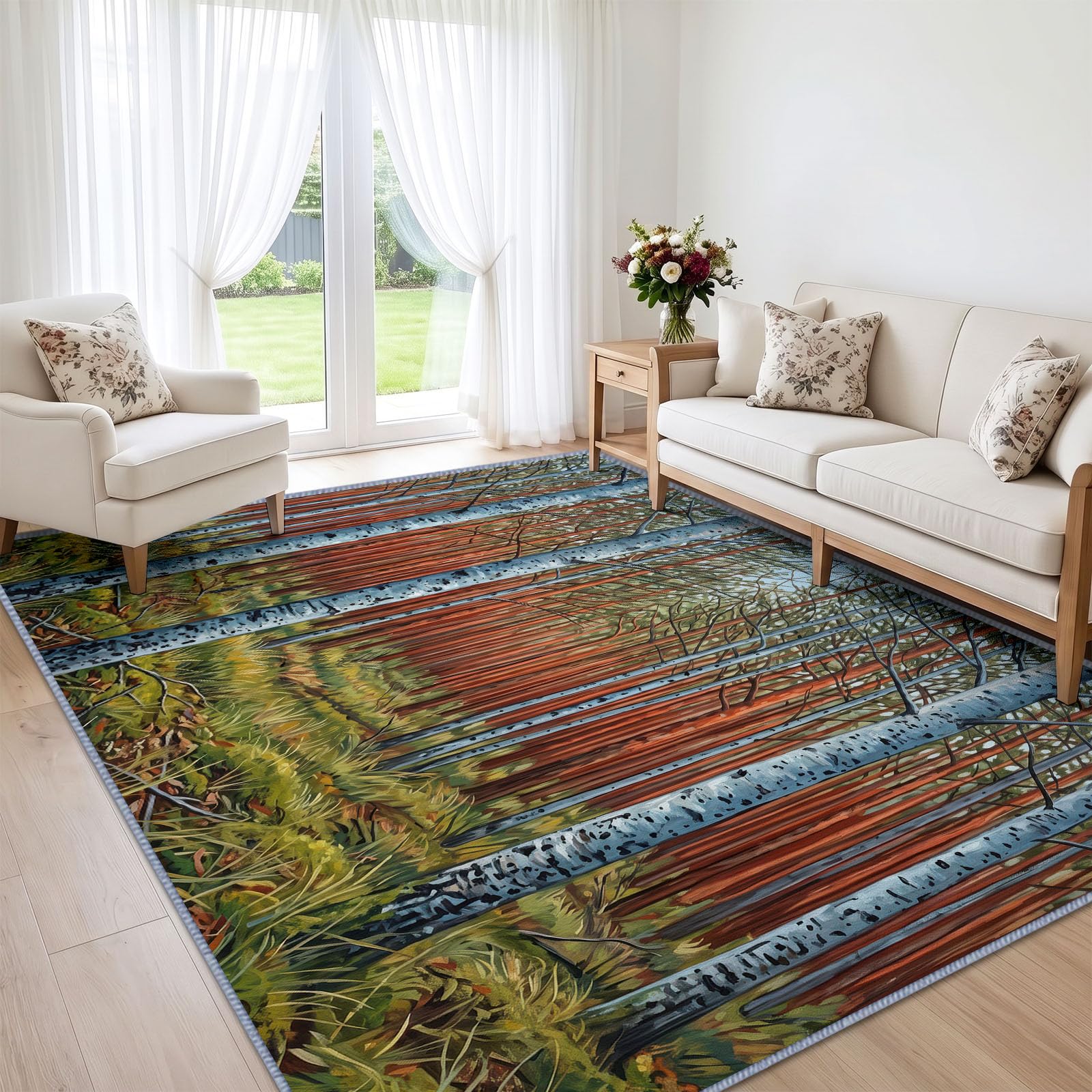 Generisch Teppich Wohnzimmer 200x300 cm, Wald Gras Teppich Waschbar Kurzflor Weich rutschfest, Impressionistisch Natürlich Landschaft für Schlafzimmer, Esszimmer und Büro