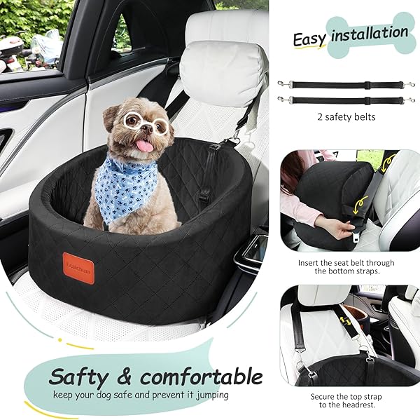 Lealchum Dog Car Seat with 2 Safety Dog Leashes, Safe Pet Travel Car Seat with Non-Slip Bottom, Fully Removable and Washable Seat for Dog, Soft Memory Foam Puppy Seat for Car (Black, Small) - 4