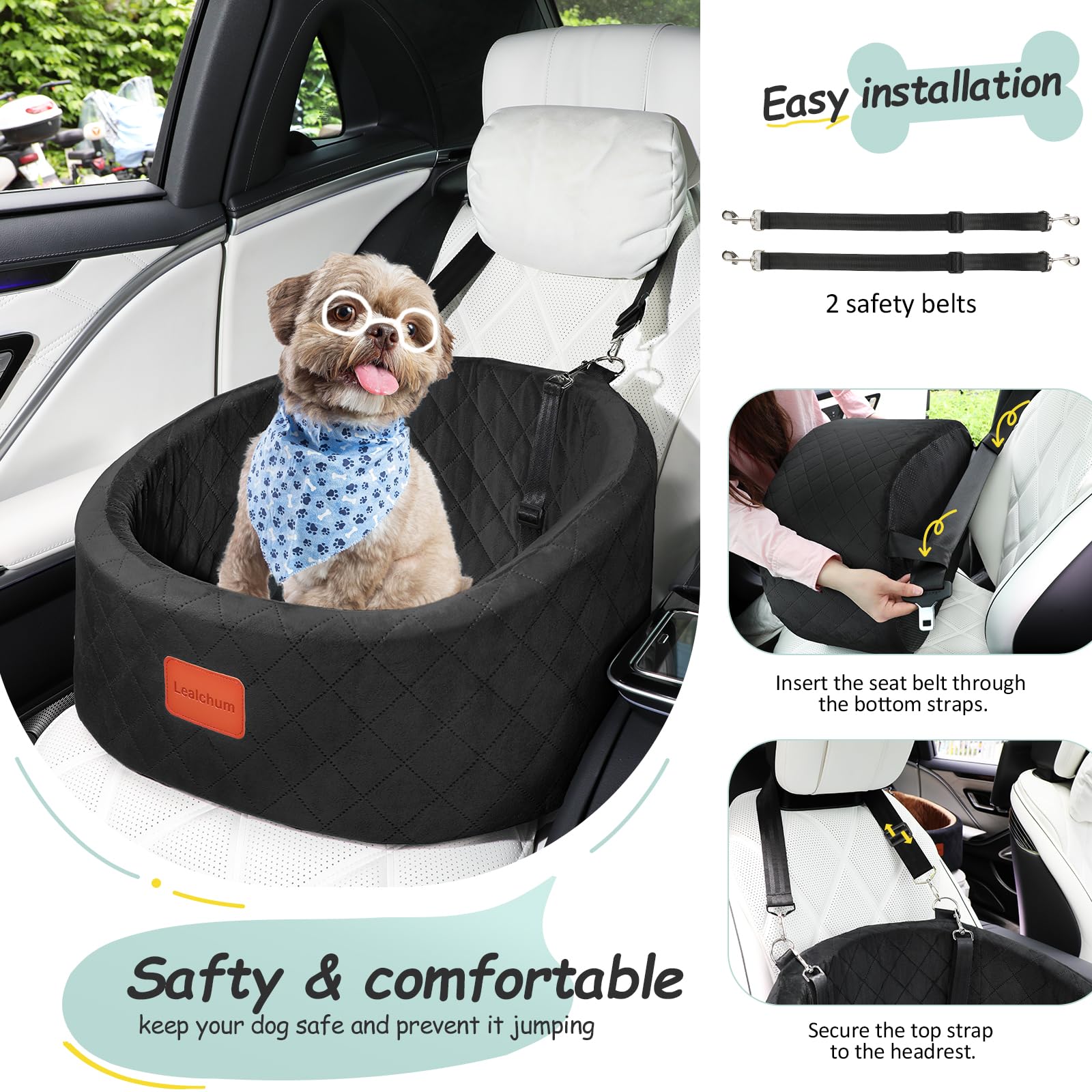 Lealchum Dog Car Seat with 2 Safety Dog Leashes, Safe Pet Travel Car Seat with Non-Slip Bottom, Fully Removable and Washable Seat for Dog, Soft Memory Foam Puppy Seat for Car (Black, Small) — view 4