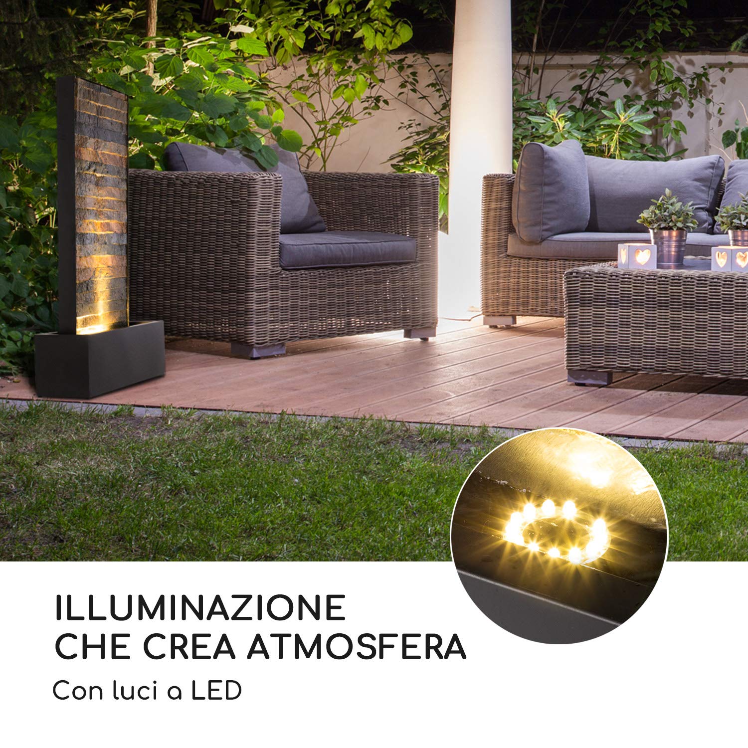 Blumfeldt Raincastle - Fontana Decorativa da Giardino e da Interni, Circolazione Continua Acqua con Loopflow Concept, 12 LED, Pompa da 8W, Protezione: IPX8, Metallo Galvanizzato, Ottica in Mattoni
