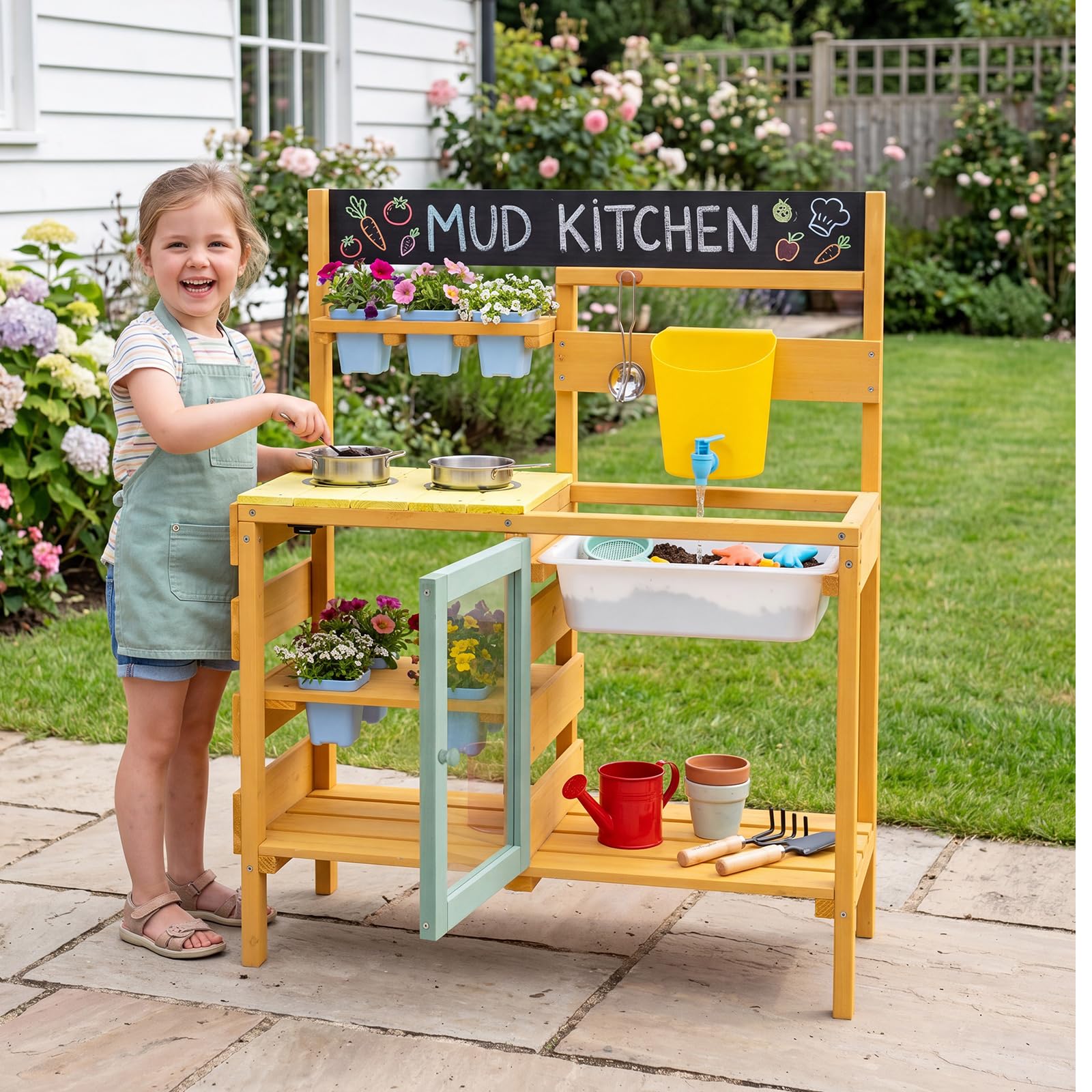 COSTWAY Matschküche Kinder Outdoor, Spielküche mit Wassertank & Wasserhahn | Kinderküche mit Spüle, Blumentöpfen, Kochzubehör & Ablagefächern, Gartenspielküche für Kinder ab 3 Jahren