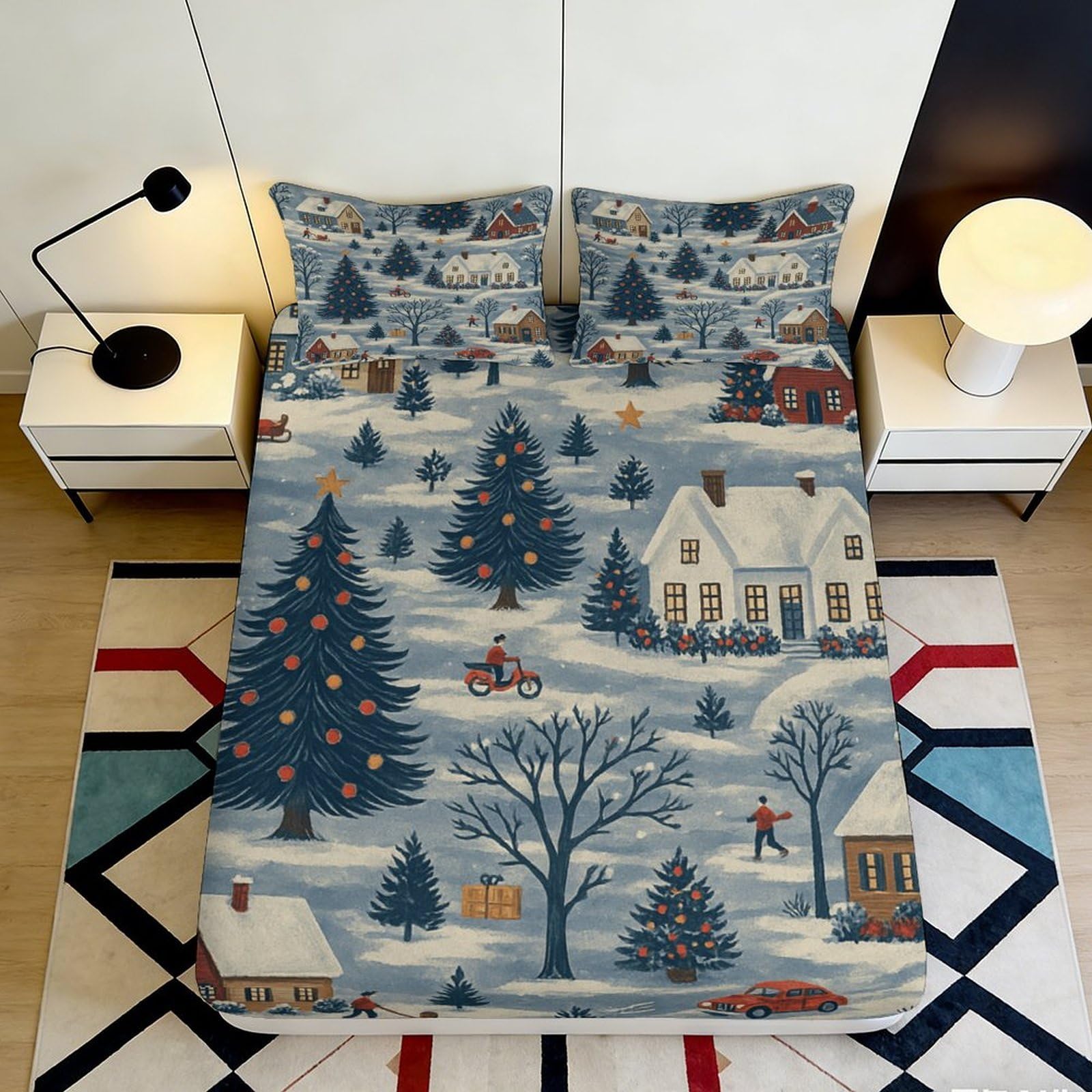 3D Printed Winter Village Fitted Sheet Microfiber Soft Breathable Snow Scene Bed Cover for Bedroom Dormitory Guest Room Mattress Protection Decor 140x200x25cm