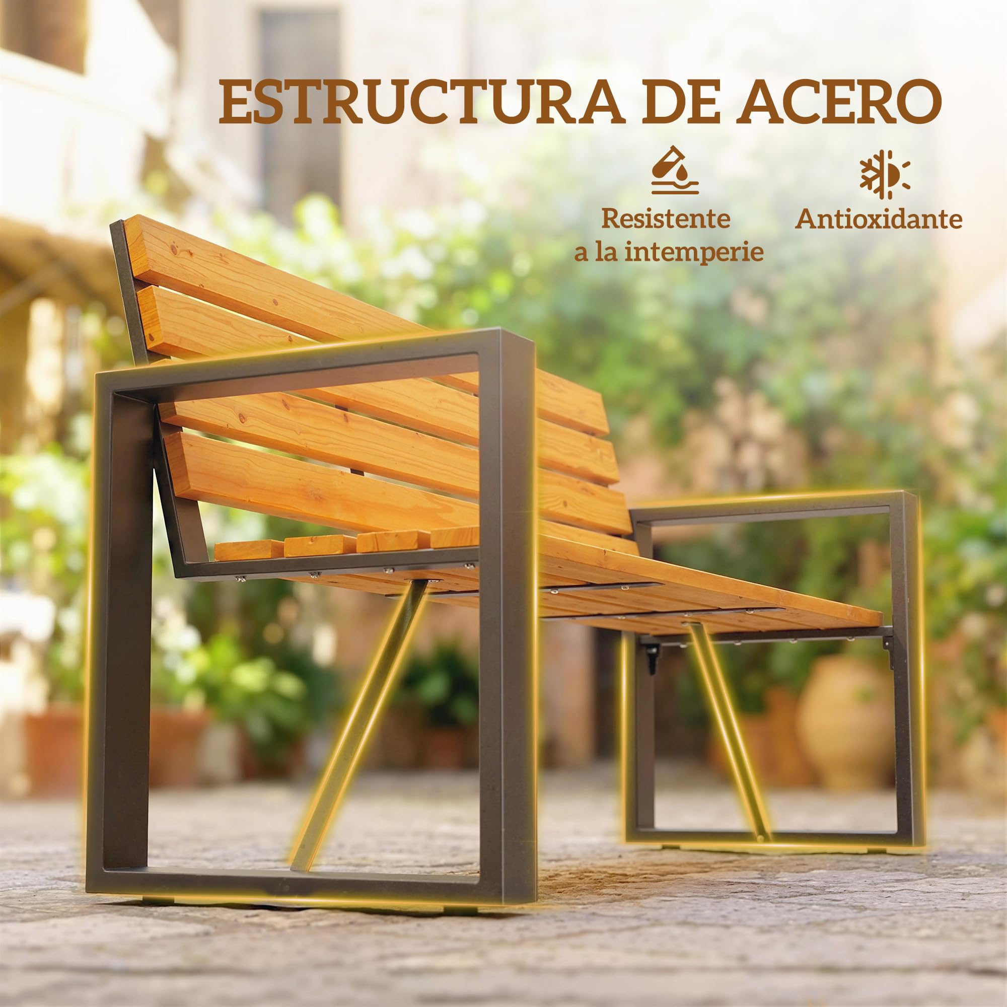 Outsunny Banco de Jardín Exterior de 2 Plazas, Banco Exterior con Respaldo y Asiento Listonado de Madera, Reposabrazos y Marco de Acero, para Patio, Terraza, 136x54x82 cm, Natural