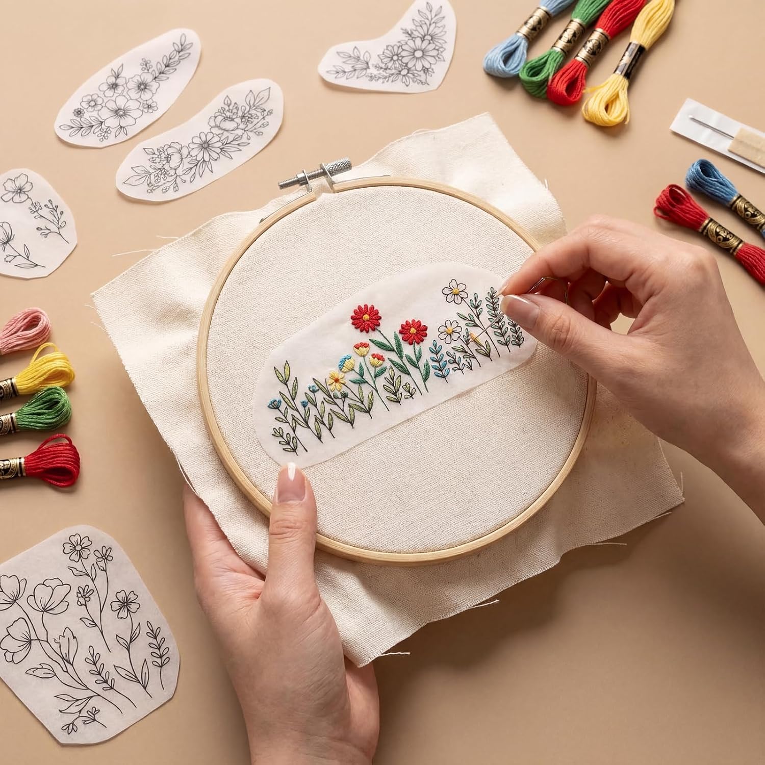 ZJO Water Soluble Embroidery Patterns, Water Soluble Stabilizer, Preprinted Floral Stick and Stitch Patterns, Wash Away Embroidery Paper Stickers for Hand Sewing Clothing and DIY Crafts