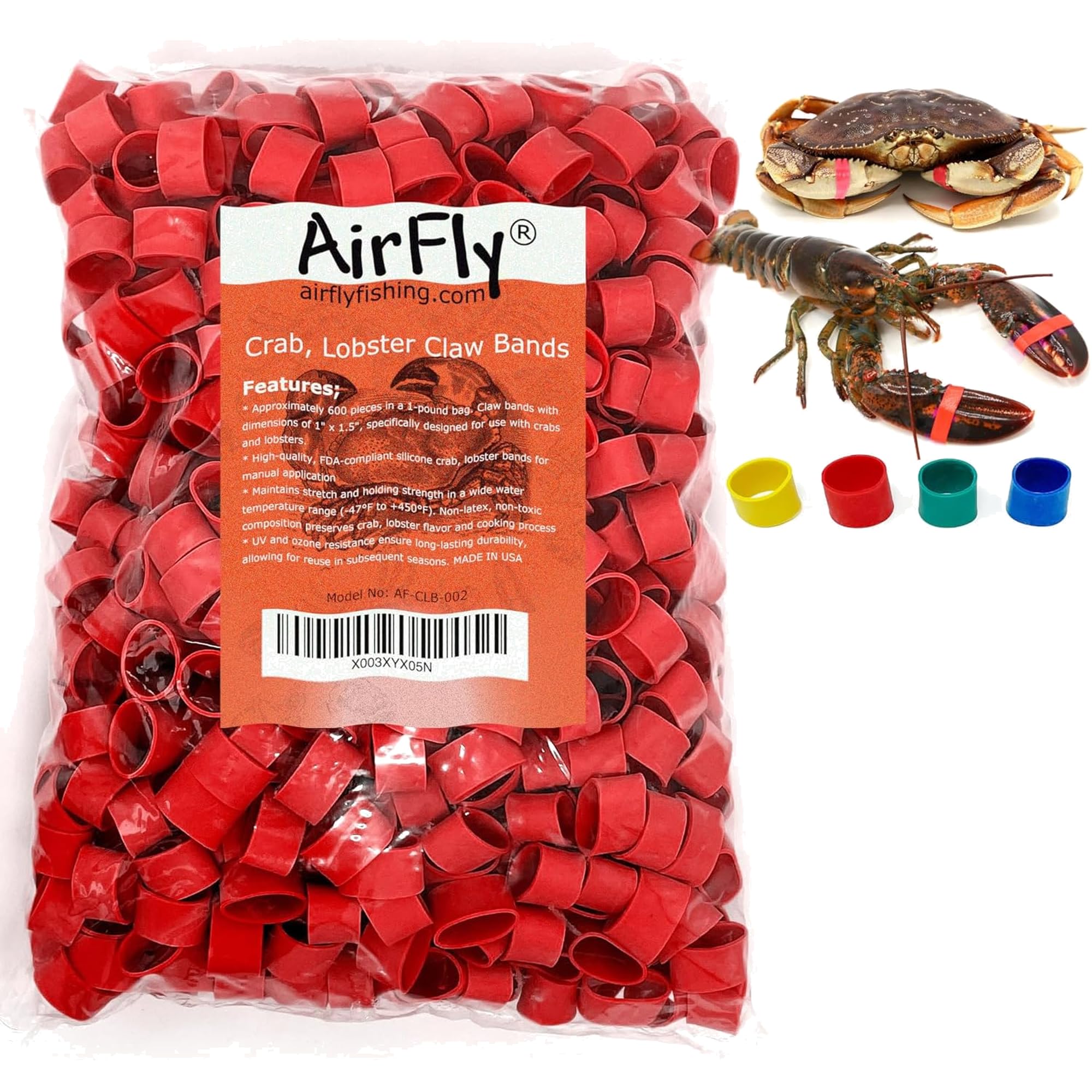 AirFly Crab and Lobster Claw Bands - Size 1" x 0.5" - FDA-Compliant Silicone - Cook Safe, Non-Latex, Non-Toxic - Fits Lobster, Dungeness and Blue Crab