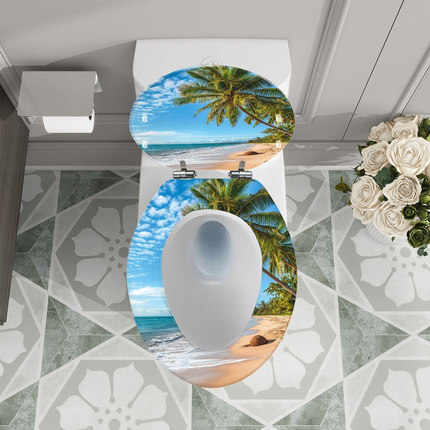 Asiento de inodoro decorativo alargado de resina, con bisagras de