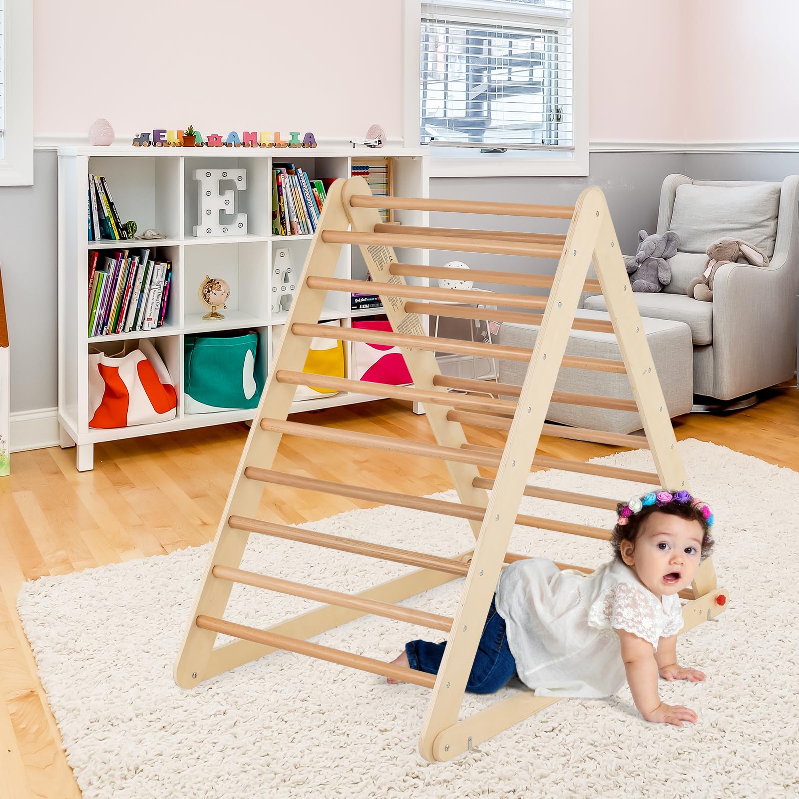 COSTWAY Escalera de Madera Triangular, Escalera Triangular Plegable con Rampa para Escalar y Deslizar, Escalera de Interior con Estructura Triangular para Casa Guardería para Niños y Niñas (Natural)