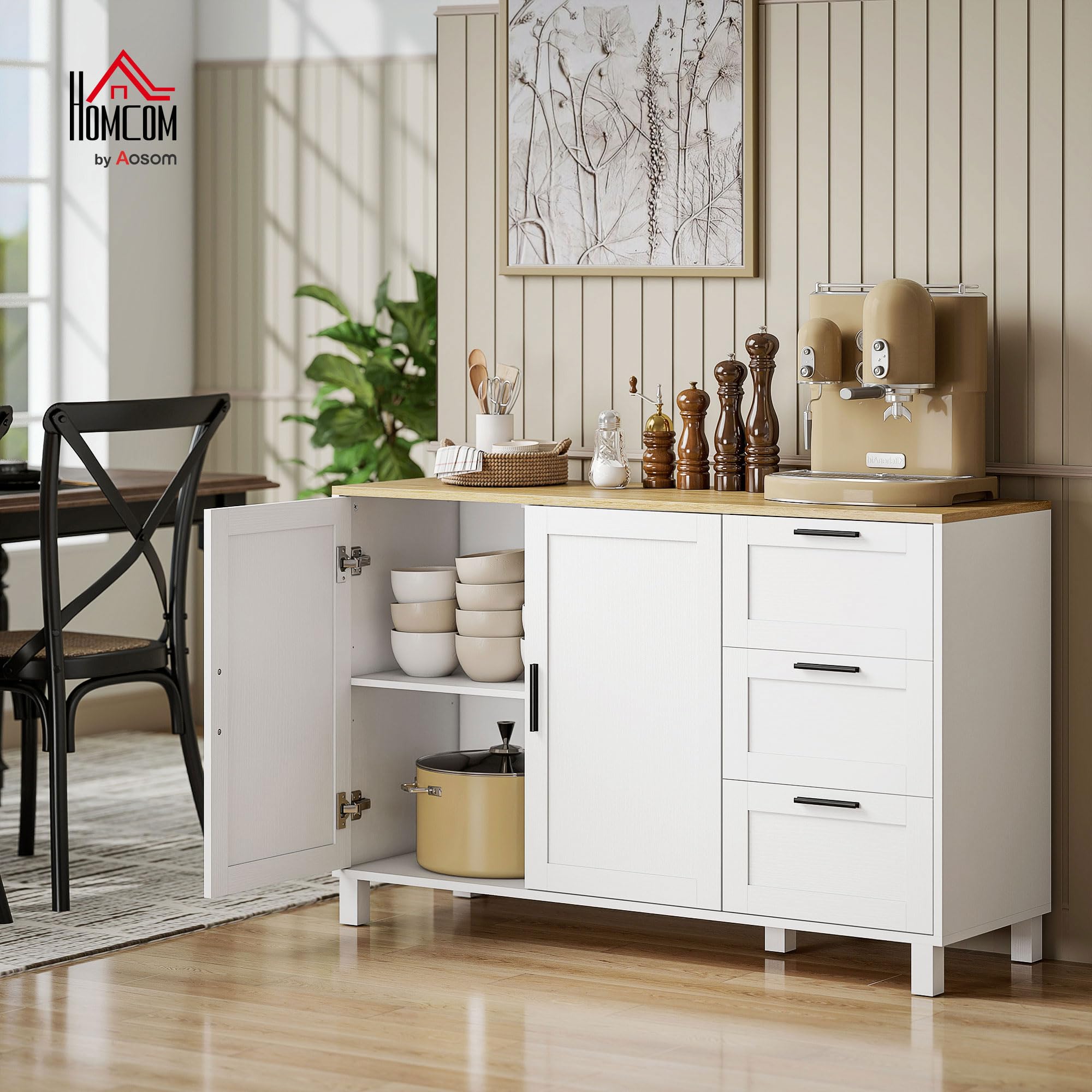 Buffet Salon HOMCOM 120x38x76 Cm - Double Porte Fermeture Douce, 3 Tiroirs, étagère Réglable, Blanc
