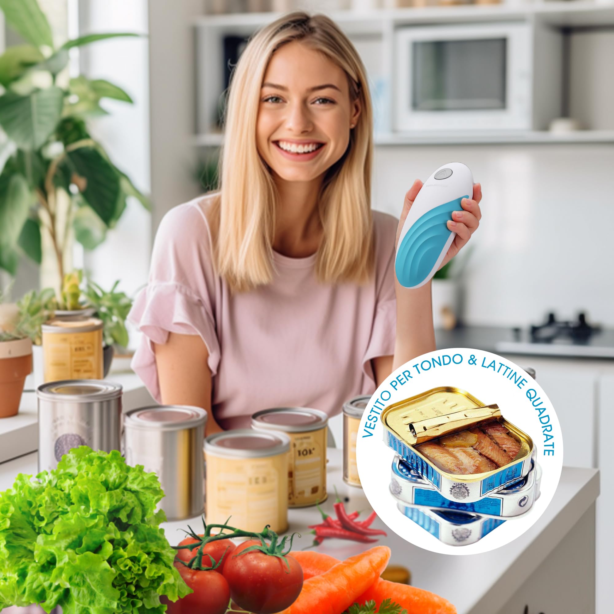 HAUSHOF Apriscatole Elettrico One Touch Bordo Liscio, Apriscatole Automatico con Funzione di Avvio e Arresto Automatico One Touch, Gadget da Cucina con 4 Batterie per Cuochi-Blu