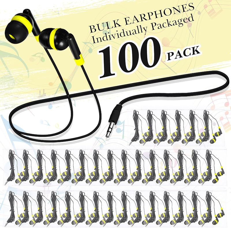 Kanayu 100 Pack Wired Earbuds Bulk for Classroom, No Mic 3.5mm, Yellow image 2