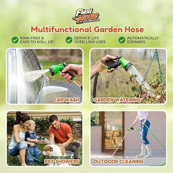 Flexi Hose with 8 Function Nozzle, 50FT - Lightweight Expandable Garden Hose, No-Kink Flexibility, 3/4 Inch Solid Brass Fittings and Double Latex Core