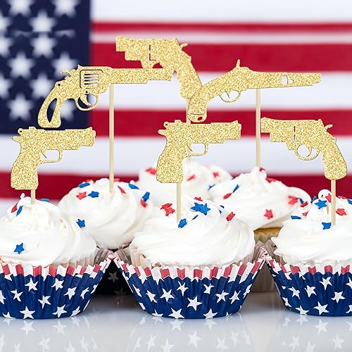 Miniatura 6 de Gyufise 24 piezas de decoración de magdalenas con purpurina dorada, pistola de tiro temático para cupcakes, baby shower, fiesta de cumpleaños,