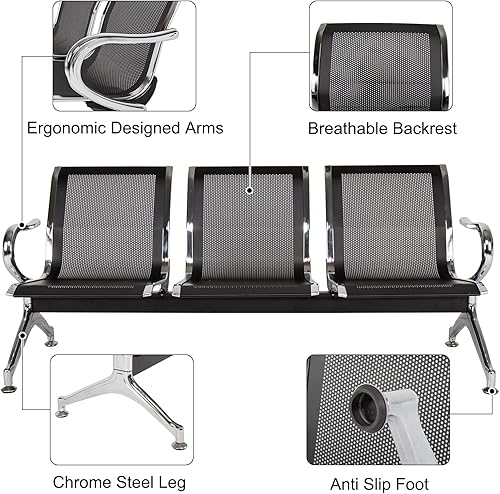 Miniatura 5 de FIZZEEY Sillas de recepción para sala de espera - Muebles de banco para sala de espera con reposabrazos para hospital, banco, aeropuerto, color negro