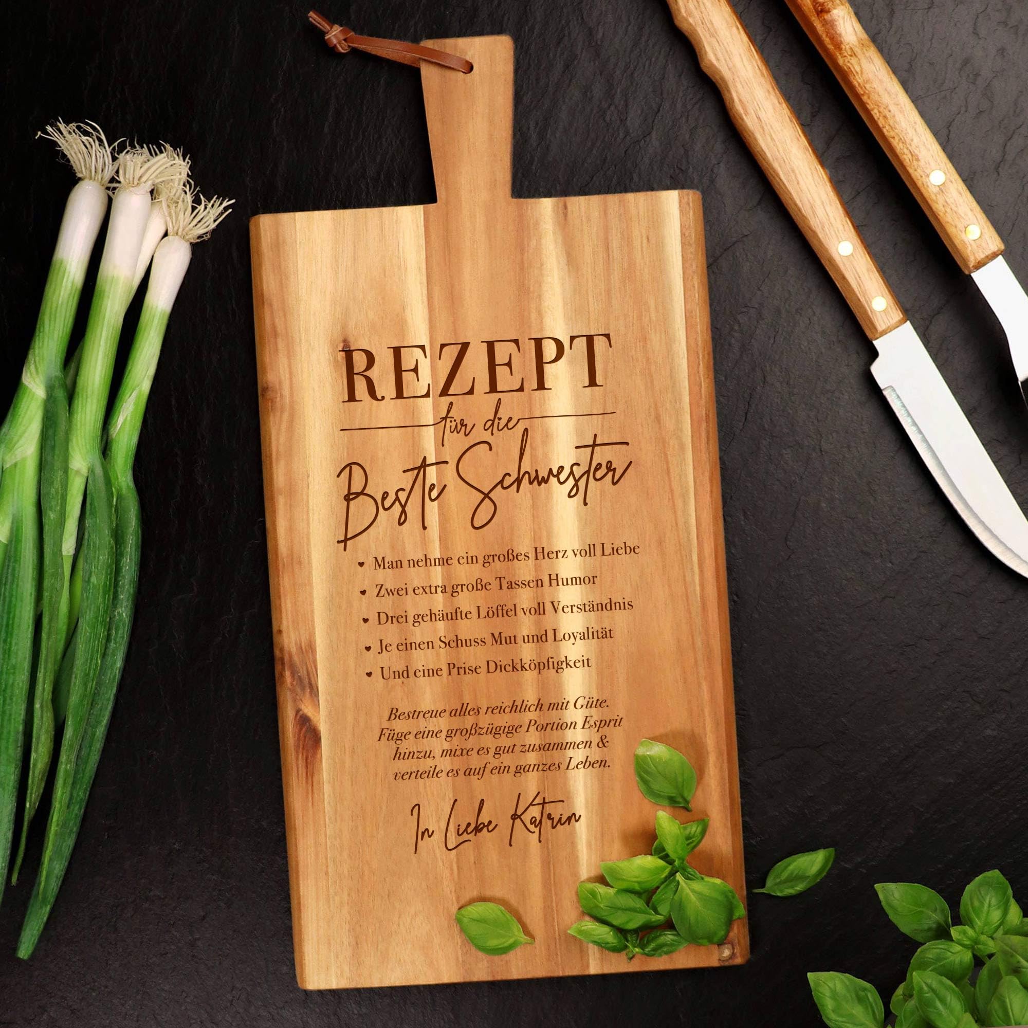 Schneidebrett mit Gravur, Rezept für die beste Schwester, Personalisiertes Küchenbrett, Geschenke für Schwester, Frühstücksbrett, Frühstücksbrettchen, Holz Schneidebretter, Holzbrett mit Griff
