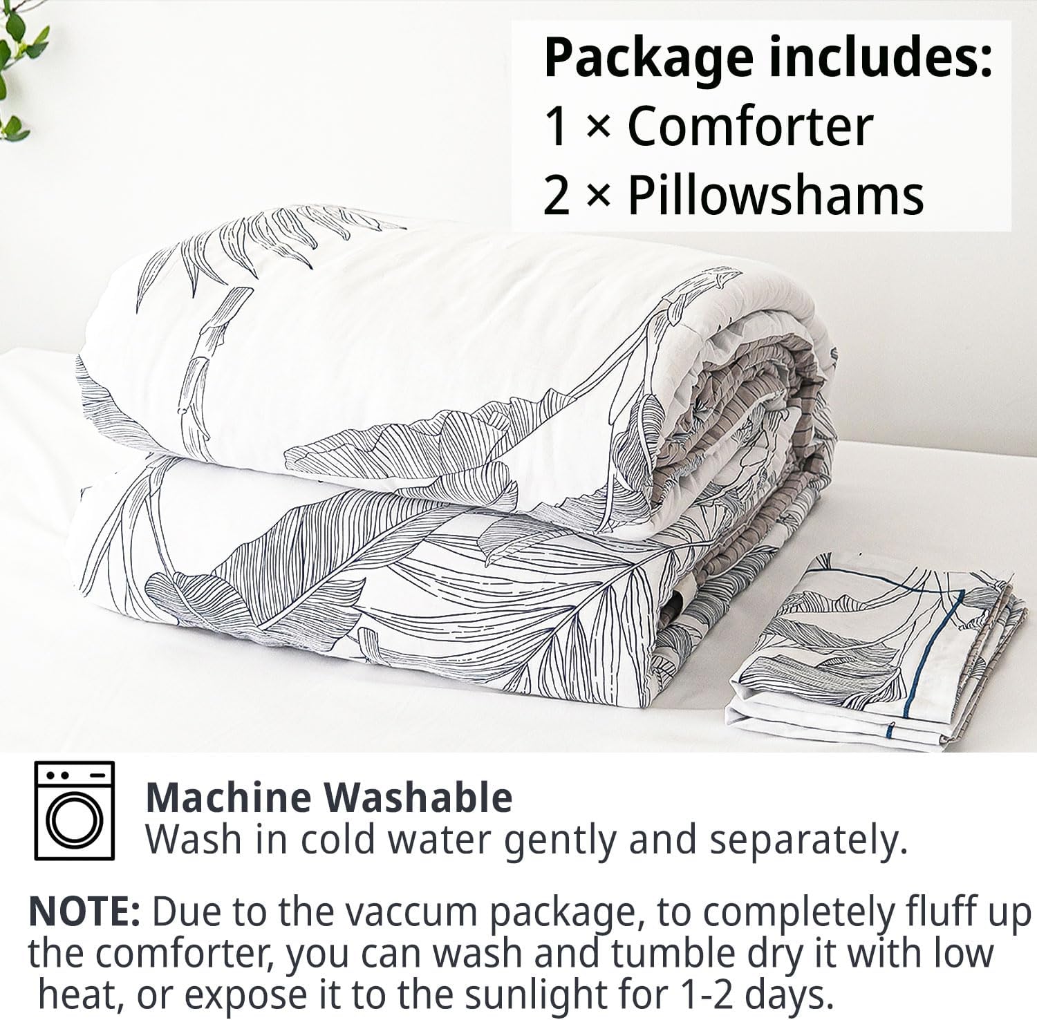 Botanical Cotton Comforter Queen Size - White Comforter with Delicate Black Leaves Patterns,Grey Reversible Lightweight Bedding Sets 3Pcs(Stripes) - Image 7