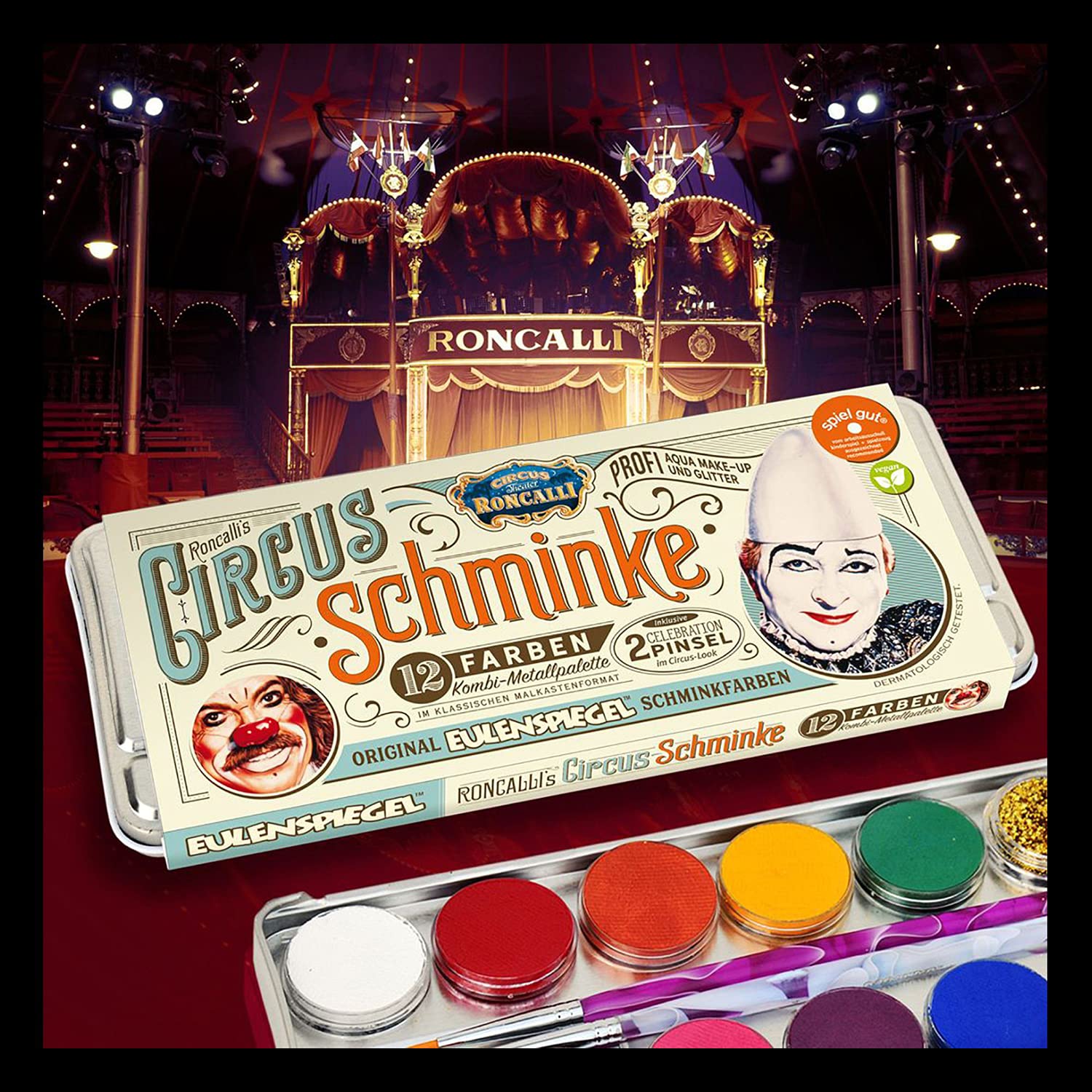 Eulenspiegel 212288 - Metall-Palette Circus Roncalli, 10 x 5 g Farben, 1 Glitter Classic Gold, 1 Glitter Perlmutt, 2 Celebration-Pinsel, 3 Schwämme