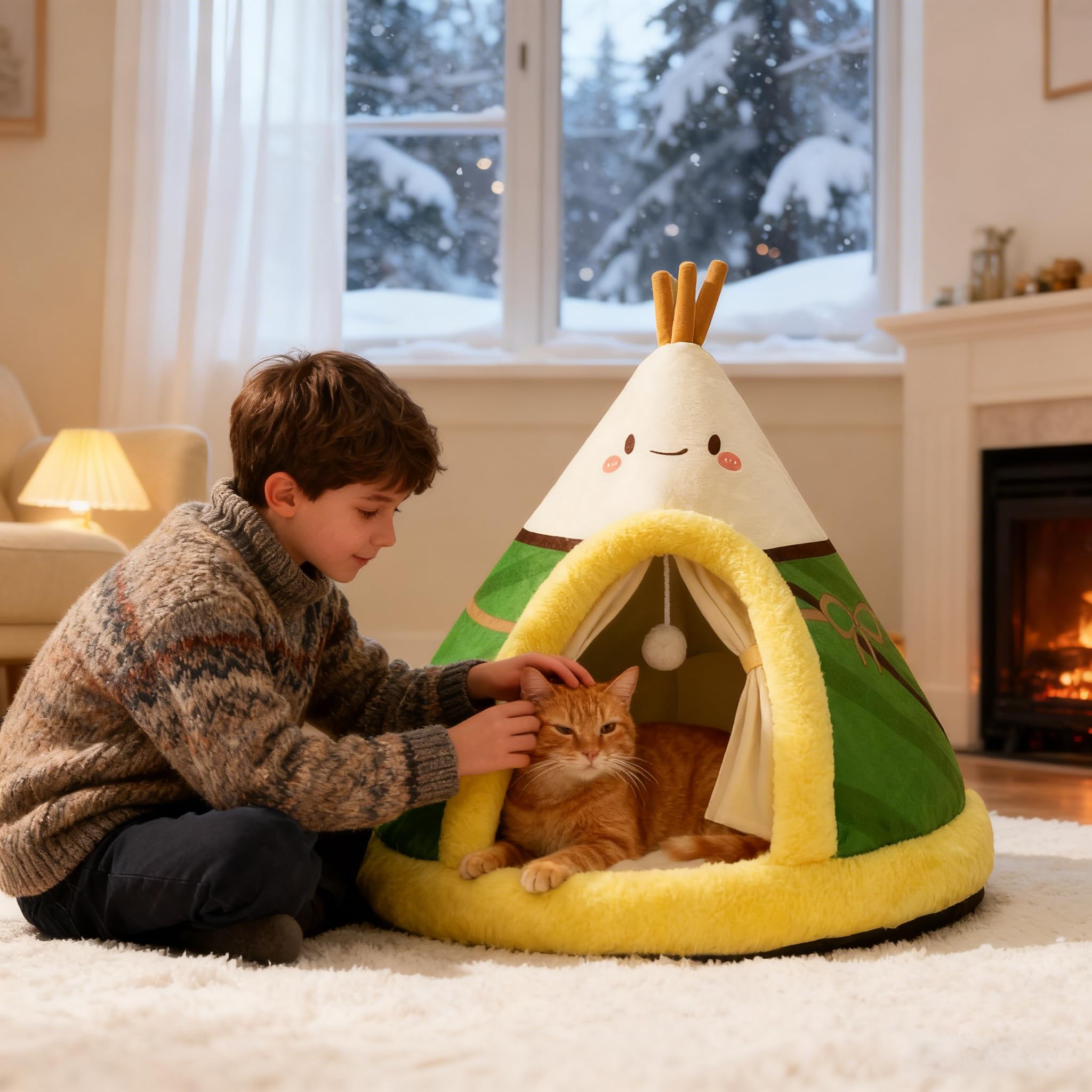 PETCUTE Cuccia per Gatti Semi-Chiusa,Super Morbido,Letto per Gatti con Giocattolo Sospeso e Cuscino Rimovibile Lavabile,Cuccia Gatto Chiusa Interno con Fondo Antiscivolo,XL