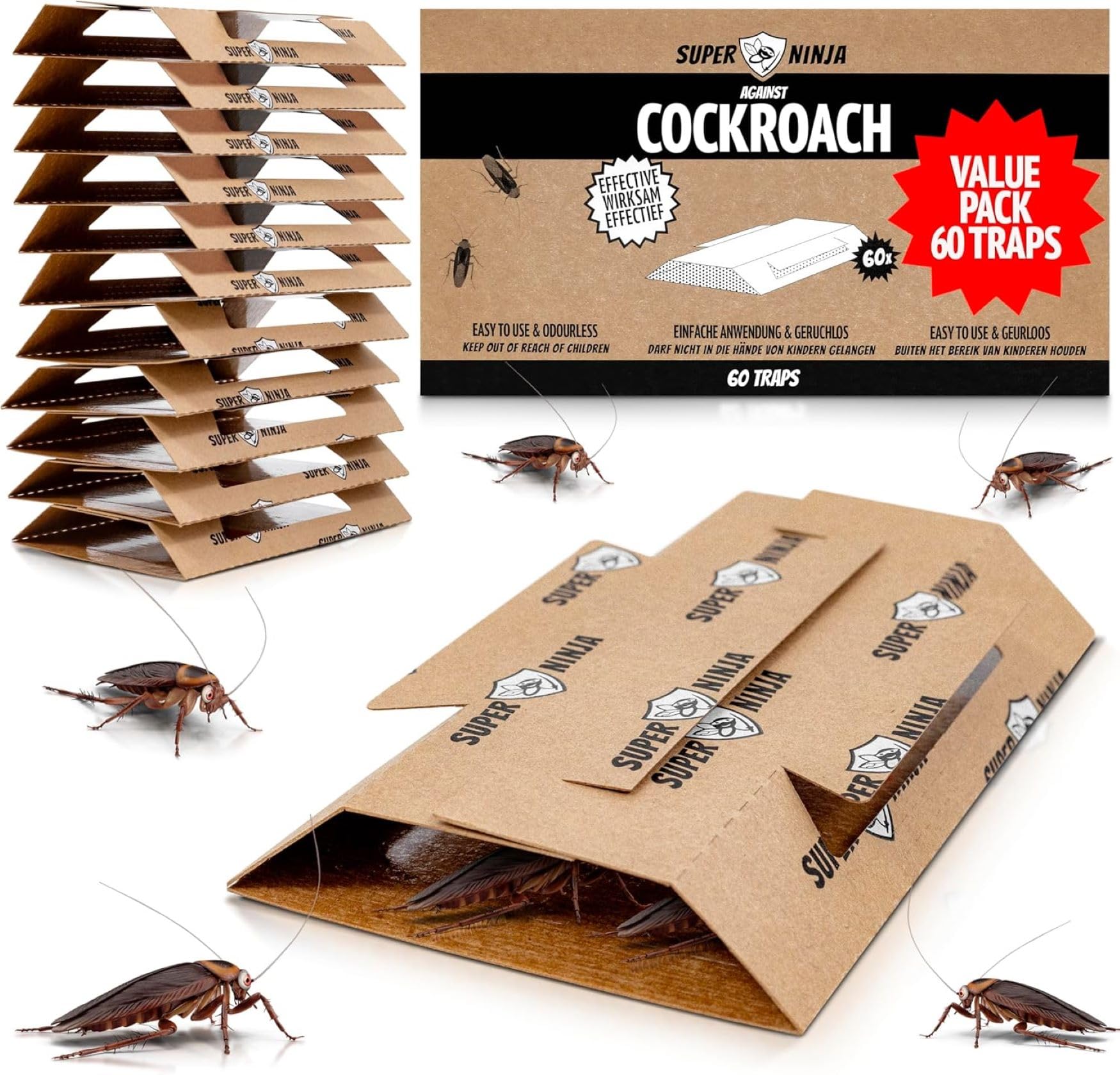 Super Ninja Cockroach Traps for Indoors – 60 Pack, Cockroach Control for Indoor Infestation, Safe & Toxin-Free Trap with Food Attractant, Nature-Friendly Pest Solution for Home, Garage & Shed
